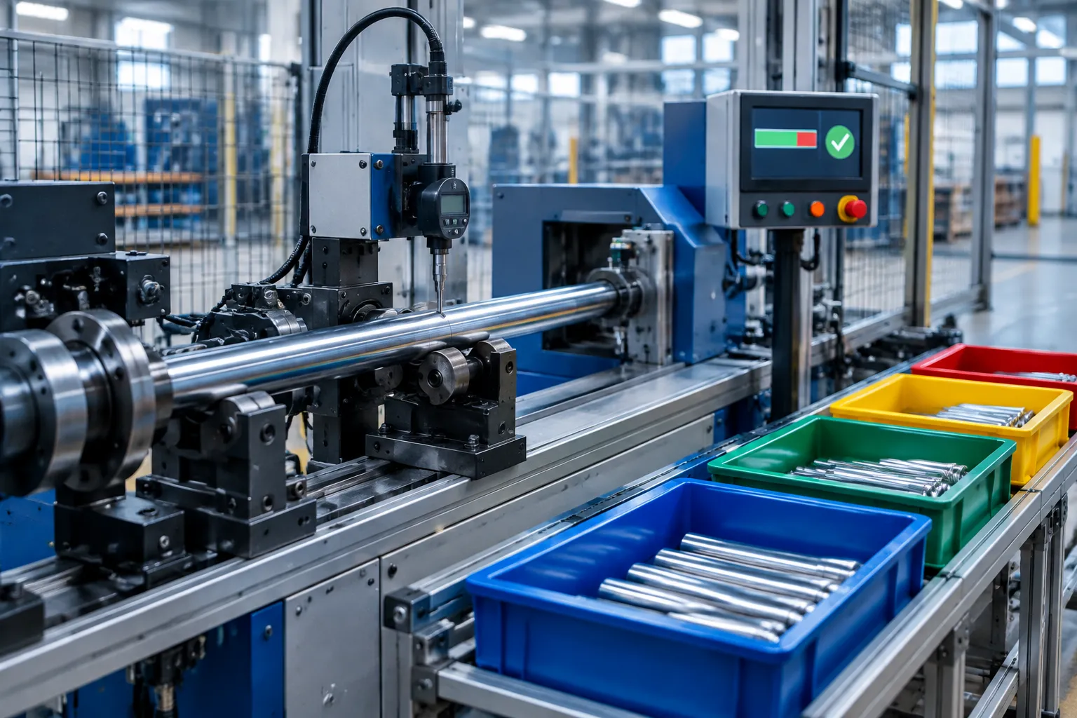 Straightening cell with marked sorting bins and a measurement decision point
