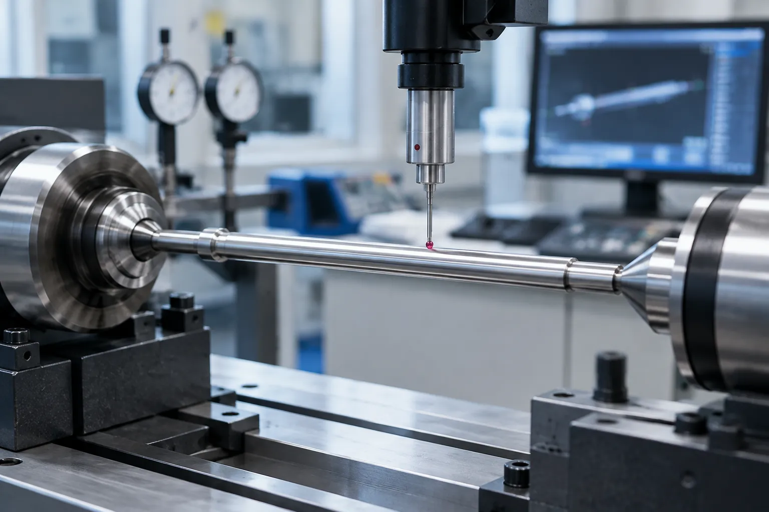 Final measurement inspection of a straightened aerospace shaft rotating between centers