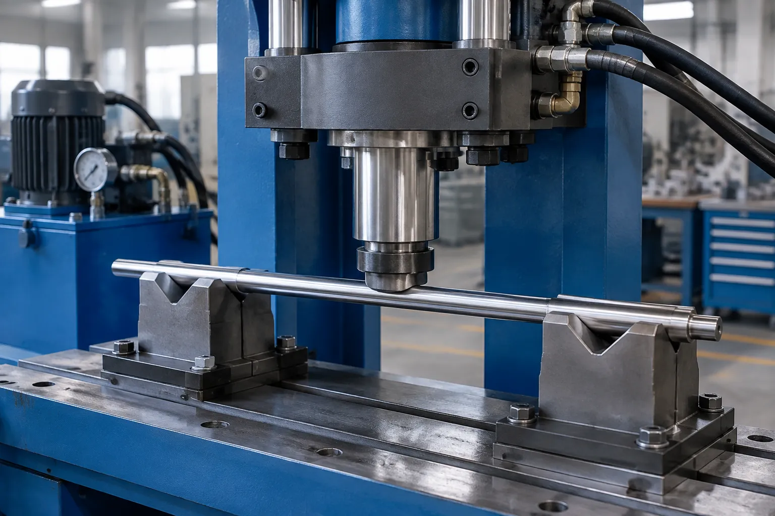 Precision press applying a controlled correction stroke to a shaft supported at two stations