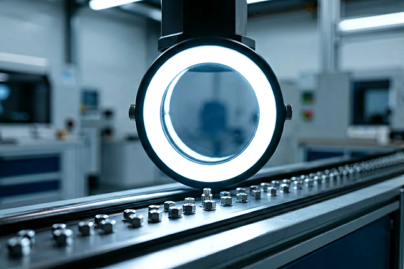 Vision camera inspecting small hexagonal pins on a moving track