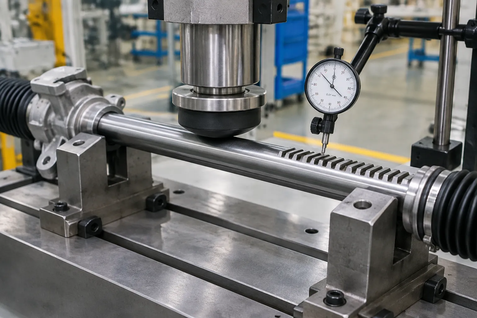 Staged press correction of a steering rack with protected tooling