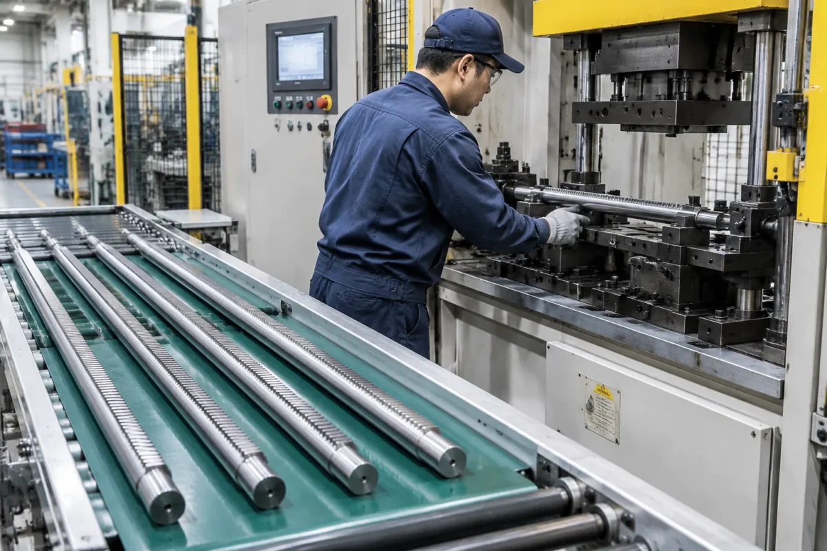 Automotive steering rack straightening station with racks and press tooling
