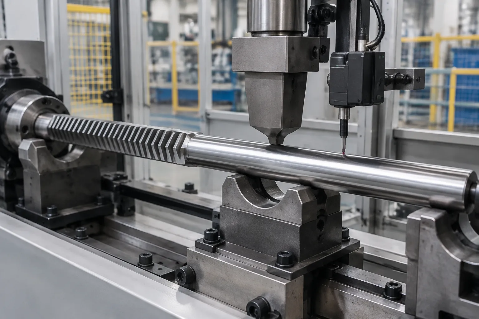 Toothed steering rack positioned in an automatic measurement and press correction station