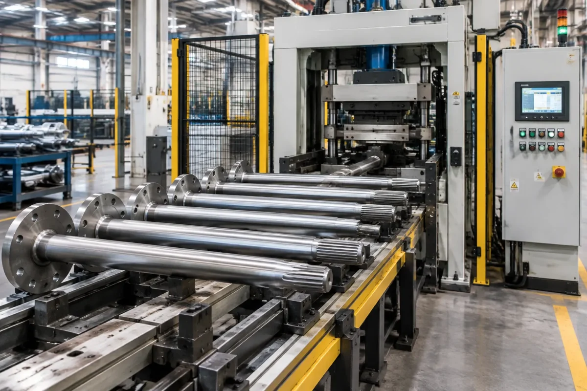Automatic straightening line with flanged automotive axle shafts on loading rails