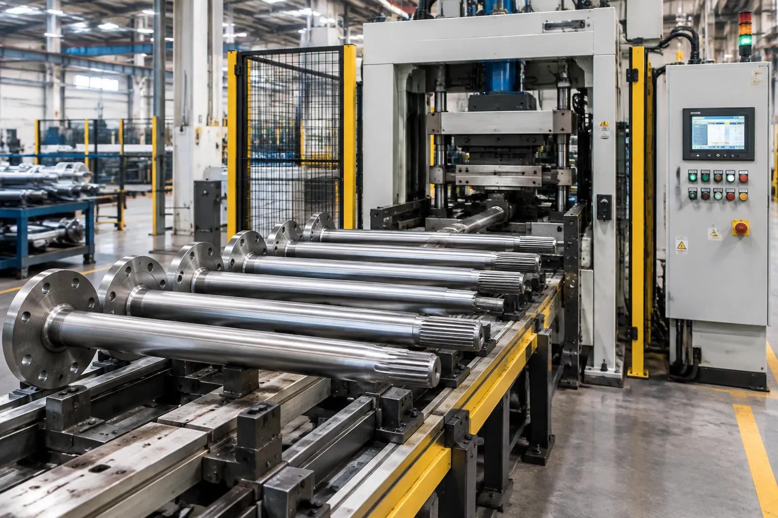 Automatic straightening line with flanged automotive axle shafts on loading rails