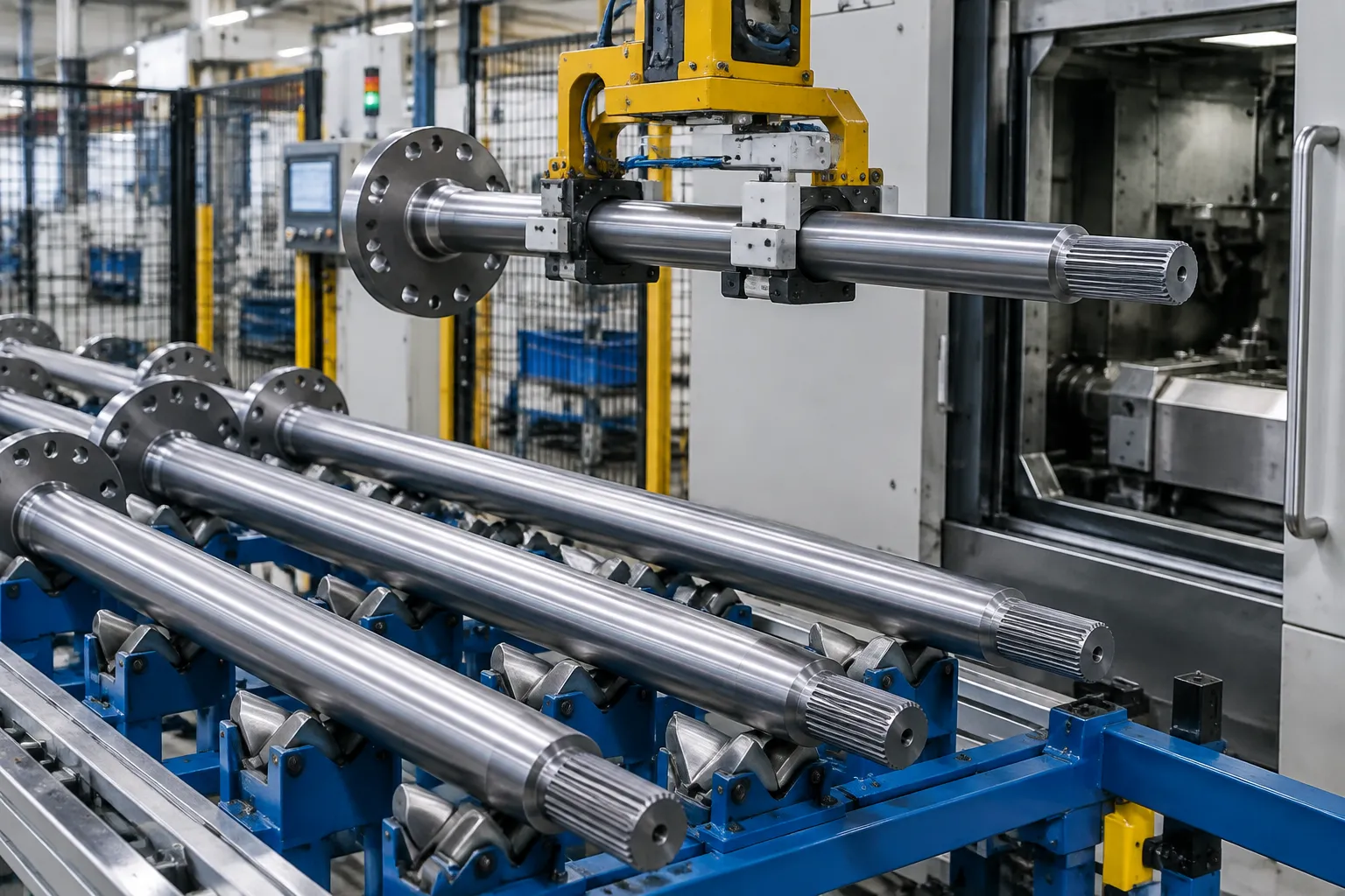 Axle shafts positioned on automatic loading rails before straightening