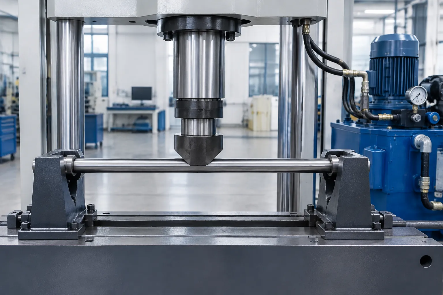 Controlled press straightening of a slender motor shaft between supports