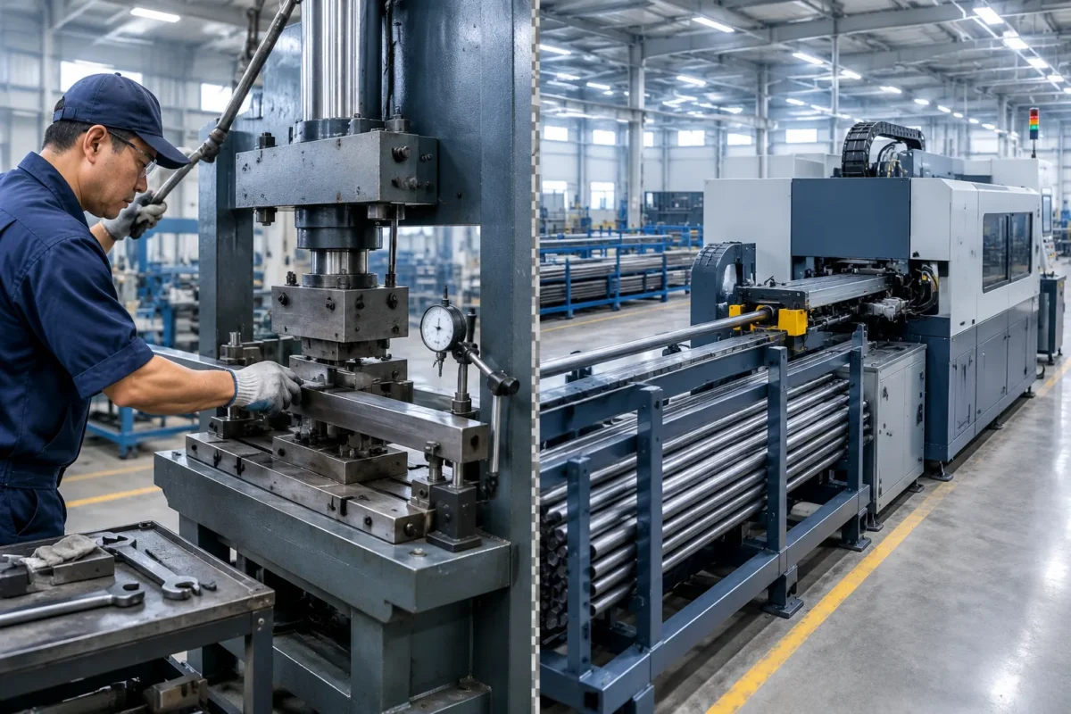 Manual vs automatic straightening: operator press bench next to an automated feeding cell
