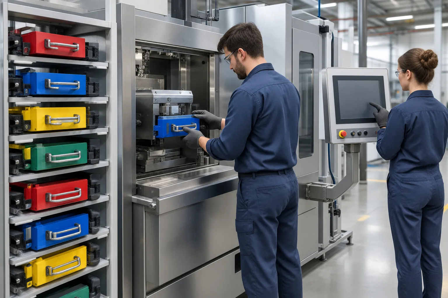 Manual vs automatic straightening: operator press bench next to an automated feeding cell