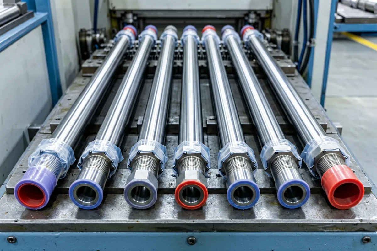 Rock drill rods with capped ends on machine table concept - engineering concept illustration