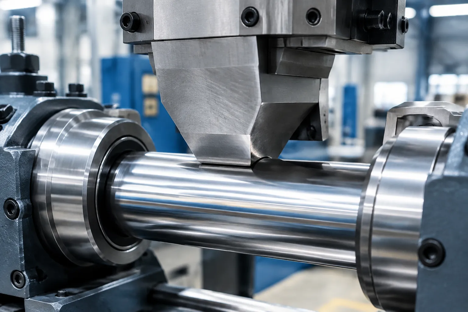 Hardened steel press anvil and roller supports contacting a polished shaft inside a straightening machine