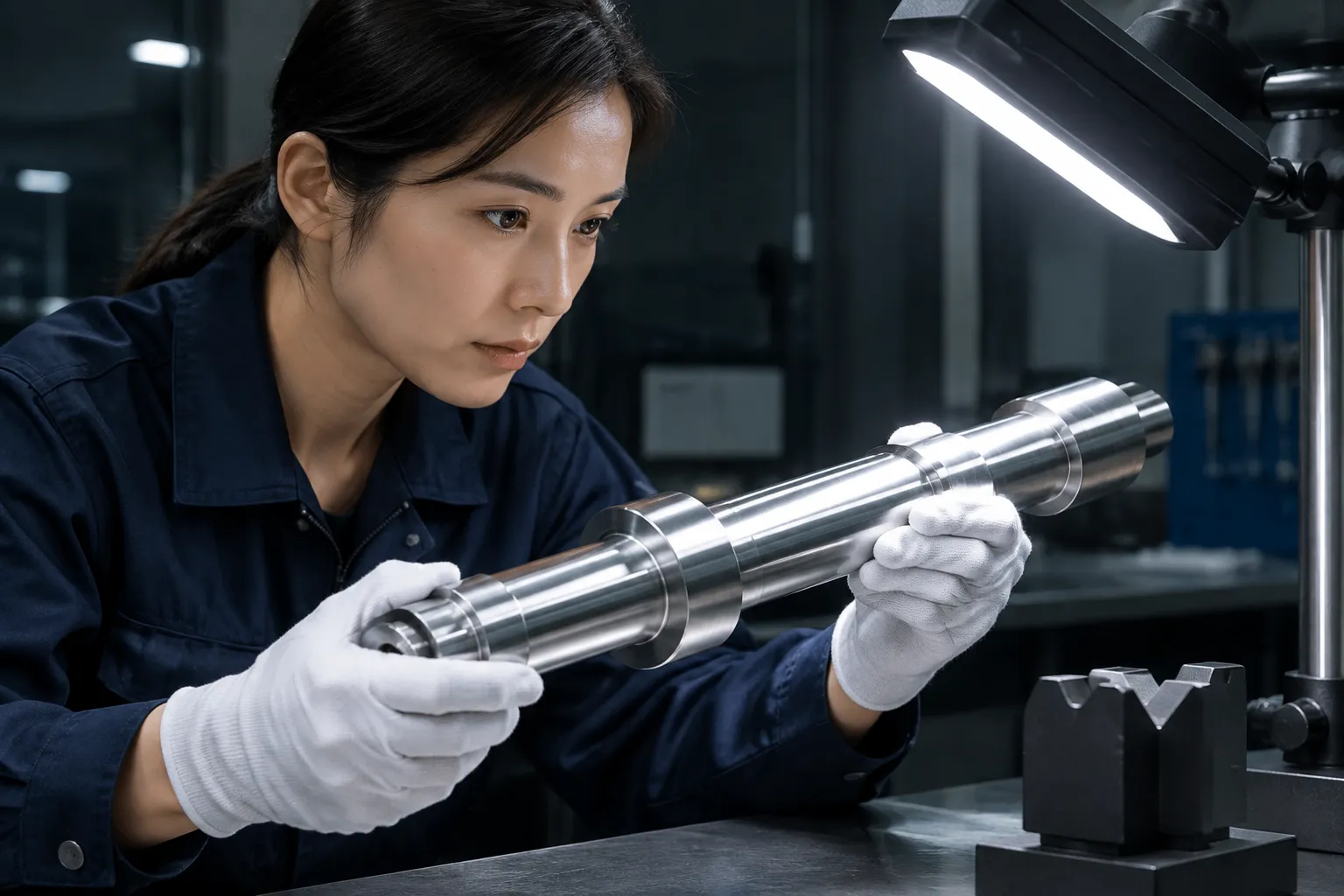 Inspector checking a polished metal shaft surface under a bright inspection lamp for marks and defects