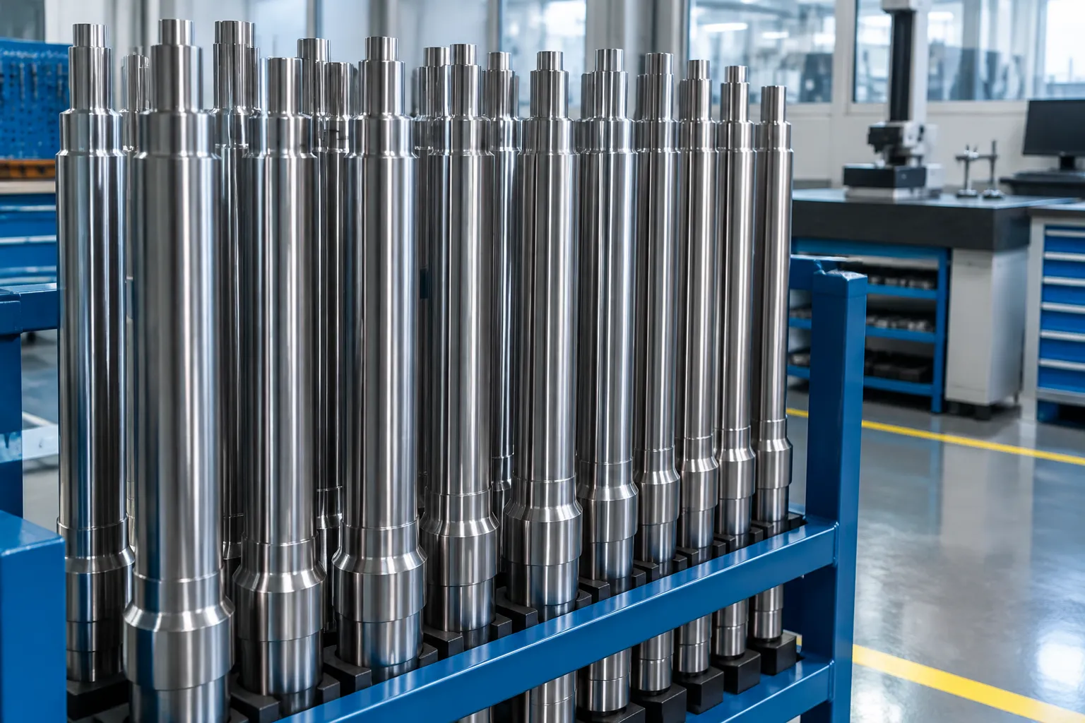 Rack of finished straightened steel shafts in a factory quality inspection area under raking light