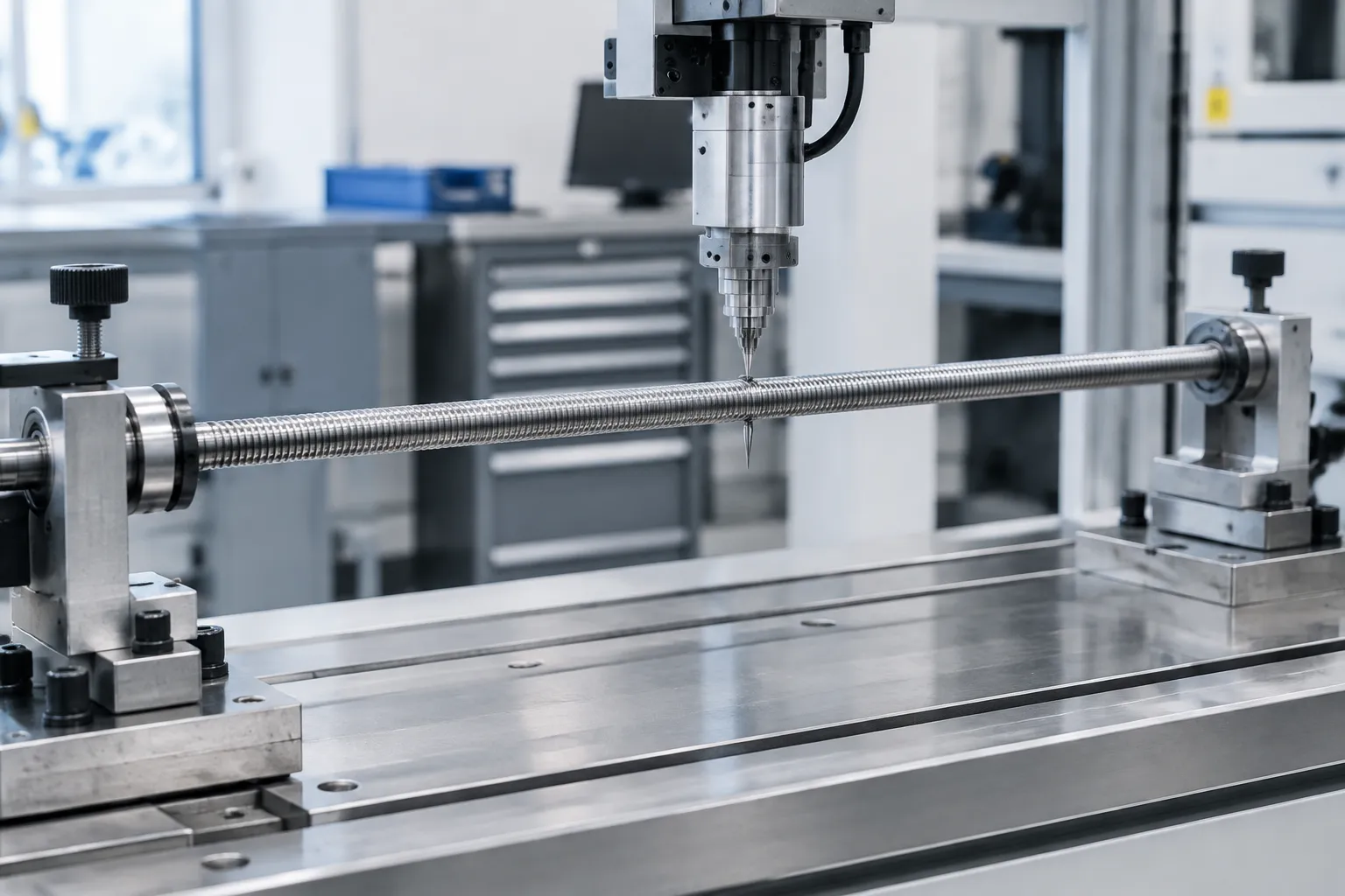 Threaded lead screw held by a rotating fixture during straightening