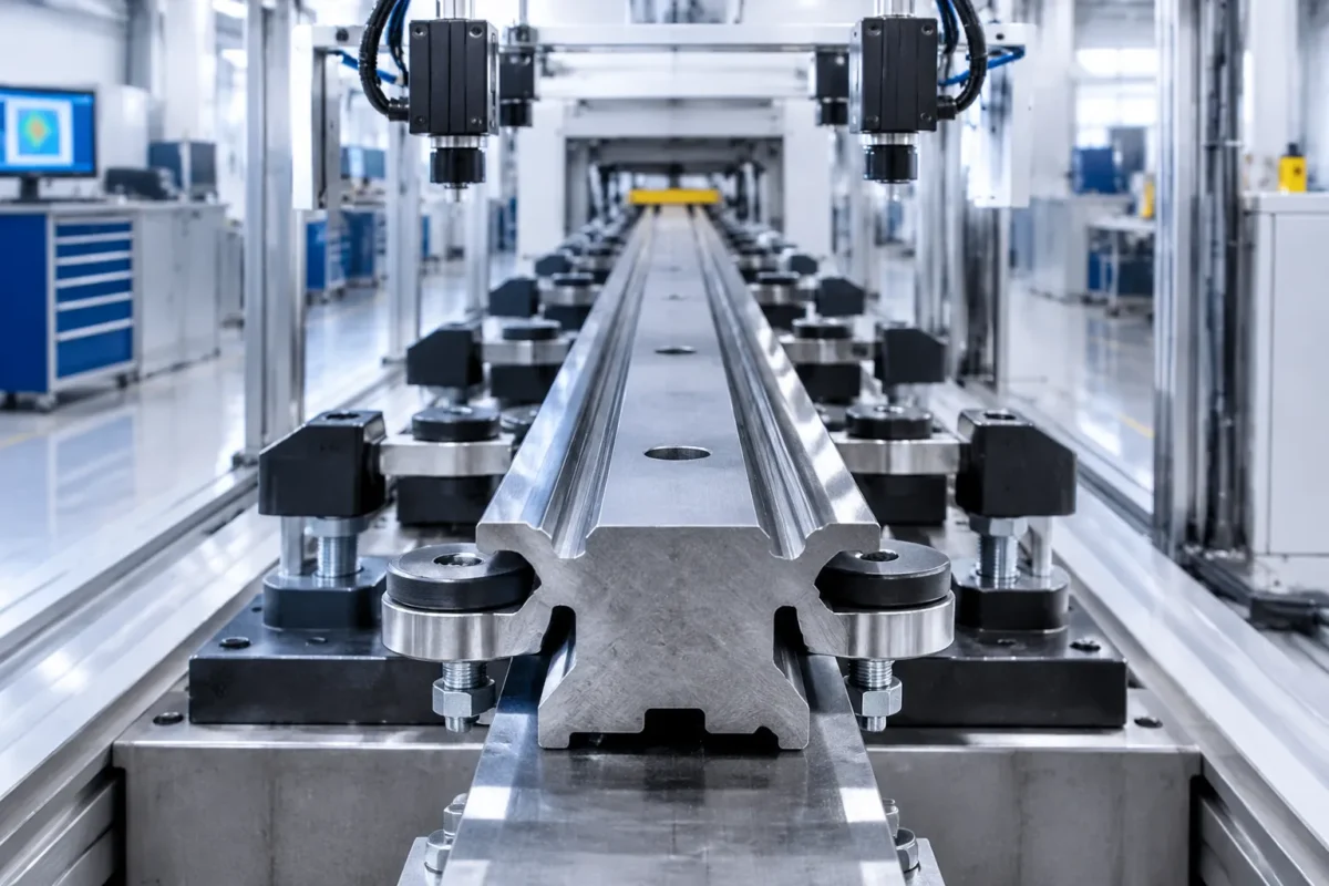 Linear guide rail on adjustable supports in a straightening and measurement cell