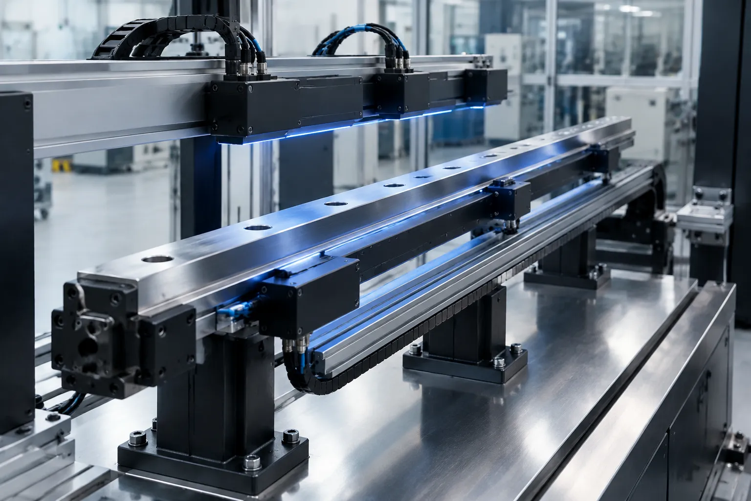Linear guide rail on adjustable supports in a straightening and measurement cell