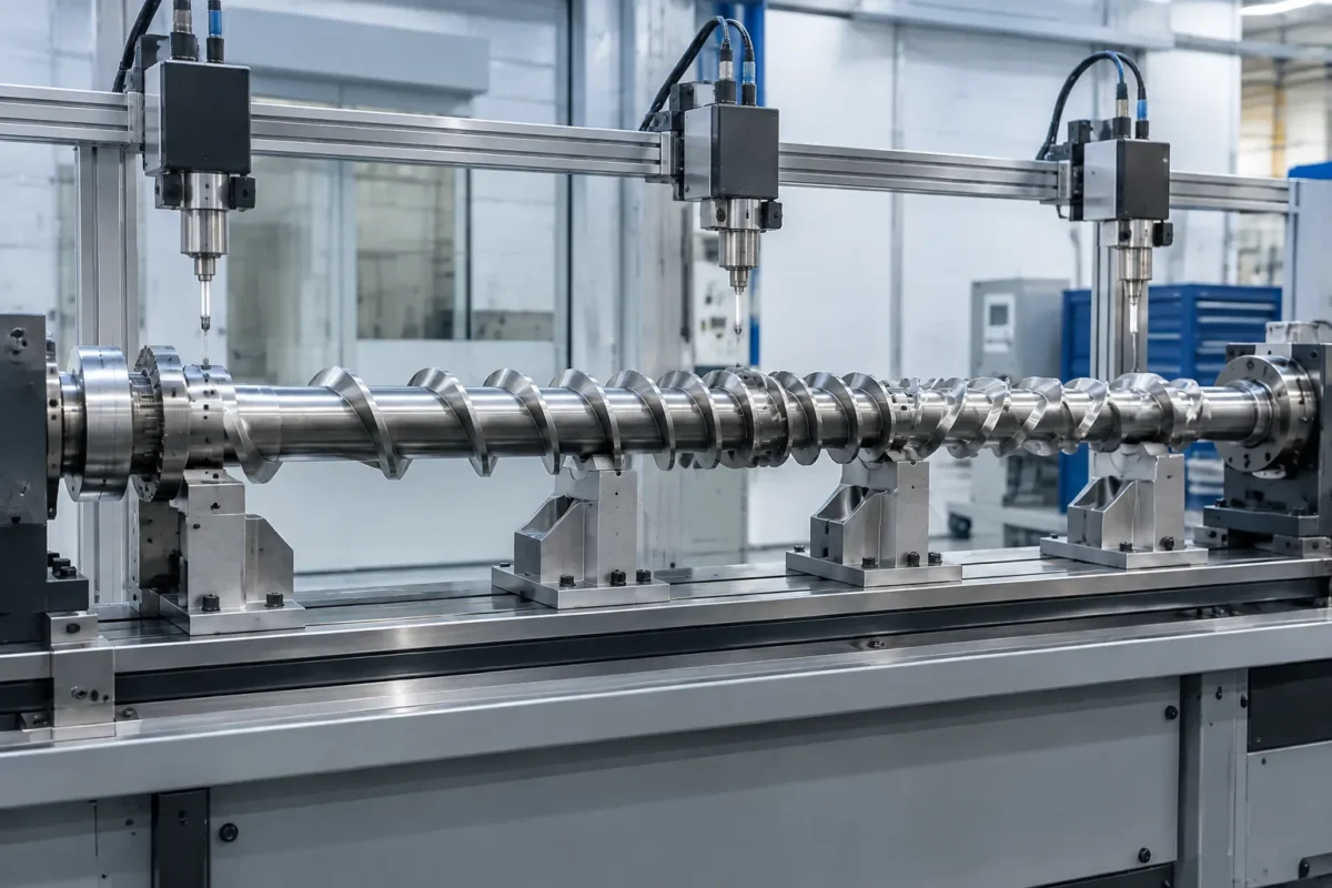 Bare plasticizing feed screw in a custom straightening and metrology cell