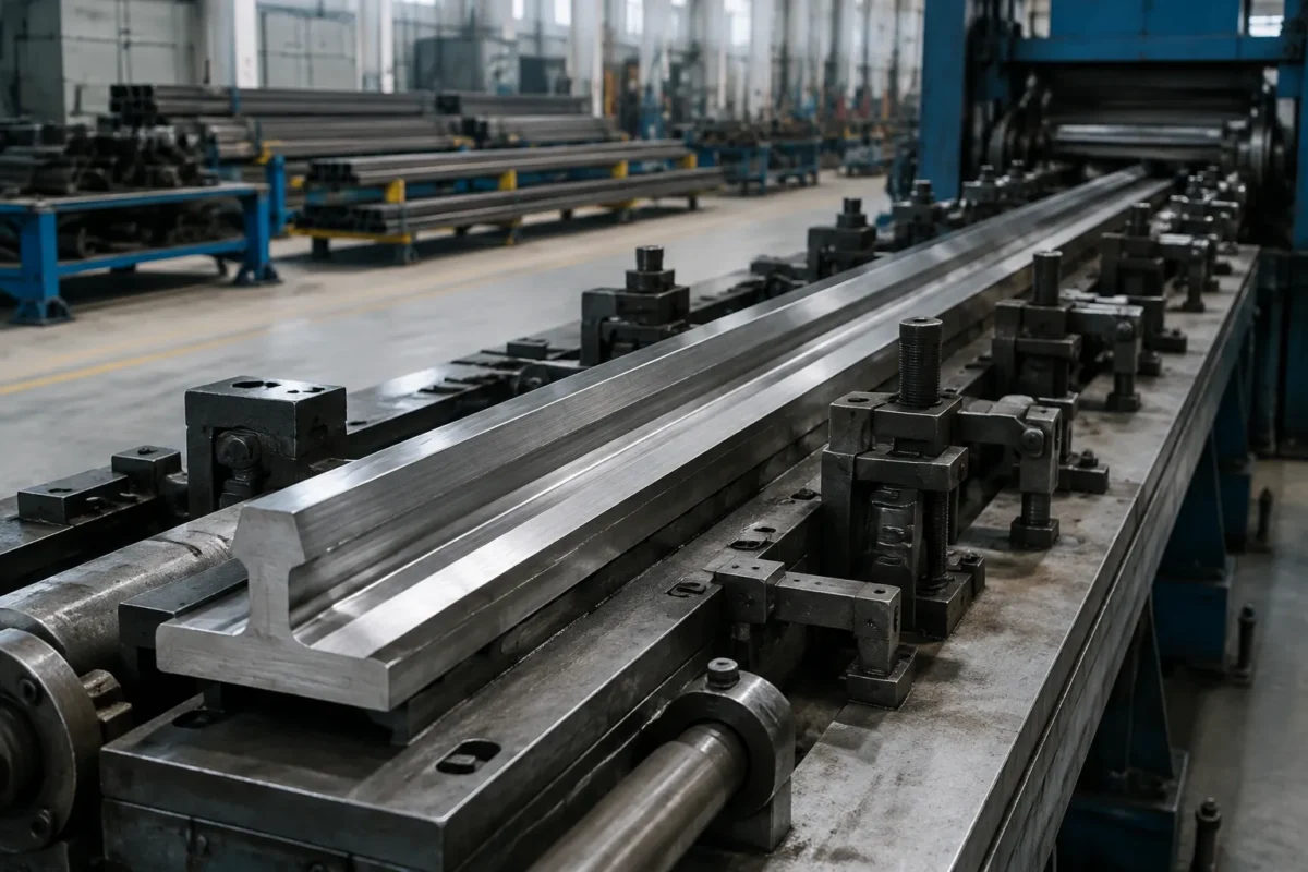 Long T-section elevator guide rail on supports in a manufacturing-stage straightening station