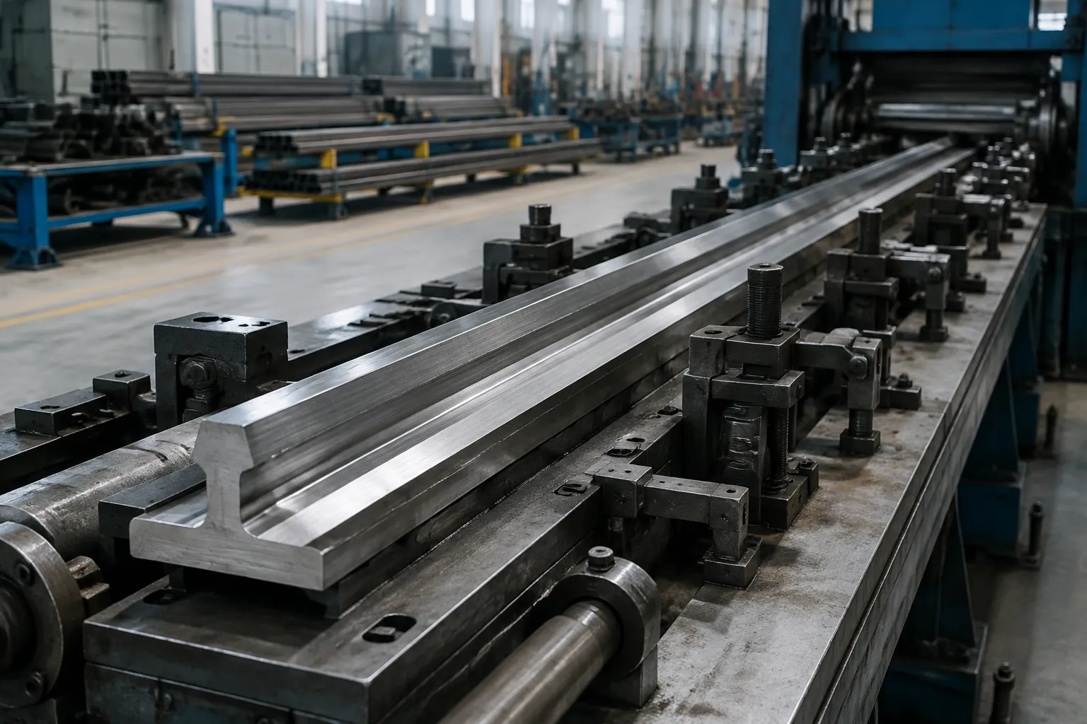 Long T-section elevator guide rail on supports in a manufacturing-stage straightening station