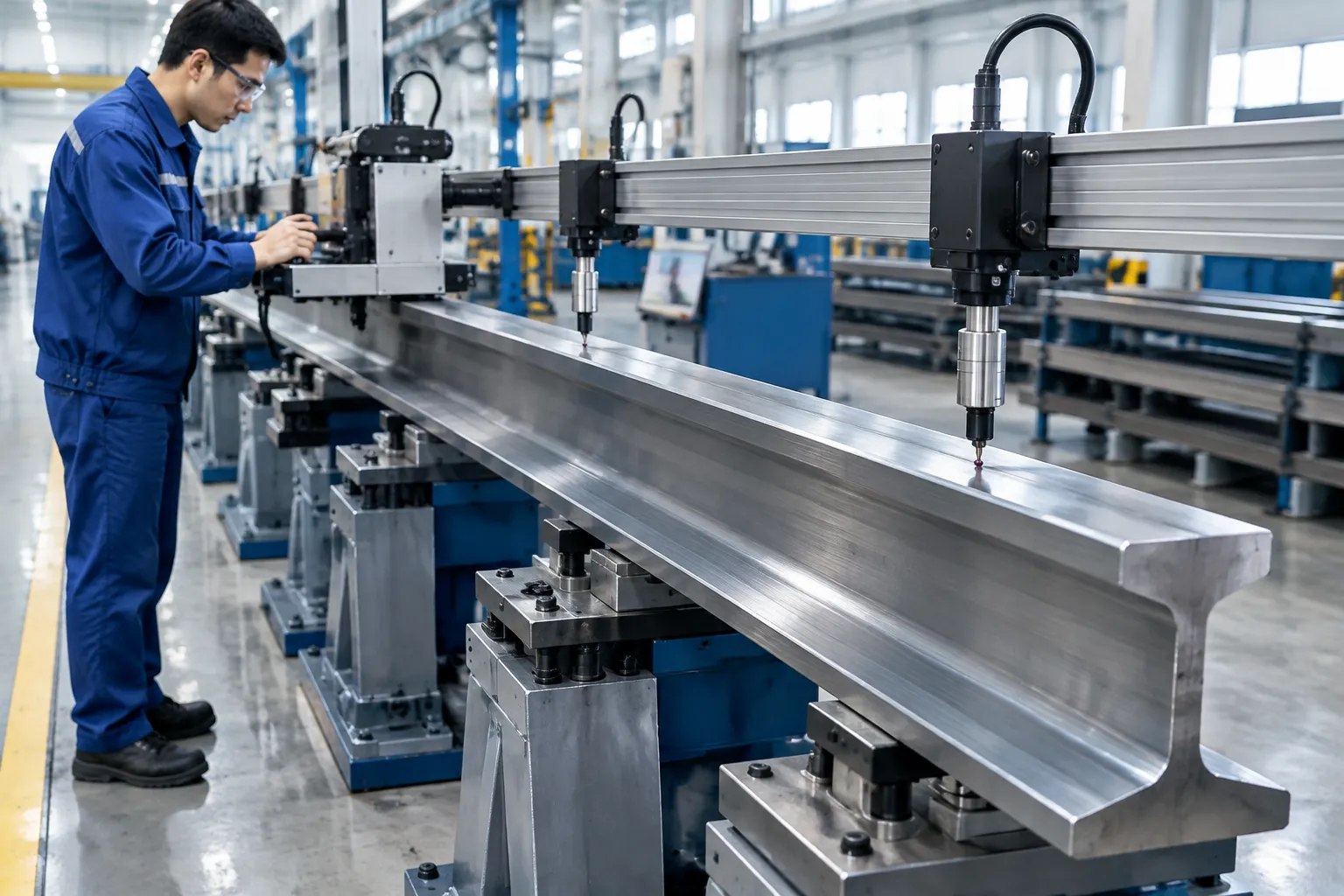 Long T-section elevator guide rail on supports in a manufacturing-stage straightening station