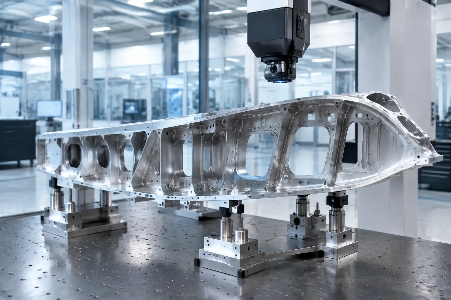 Large thin-wall cast structural part measured on datum supports in a 3D inspection setup