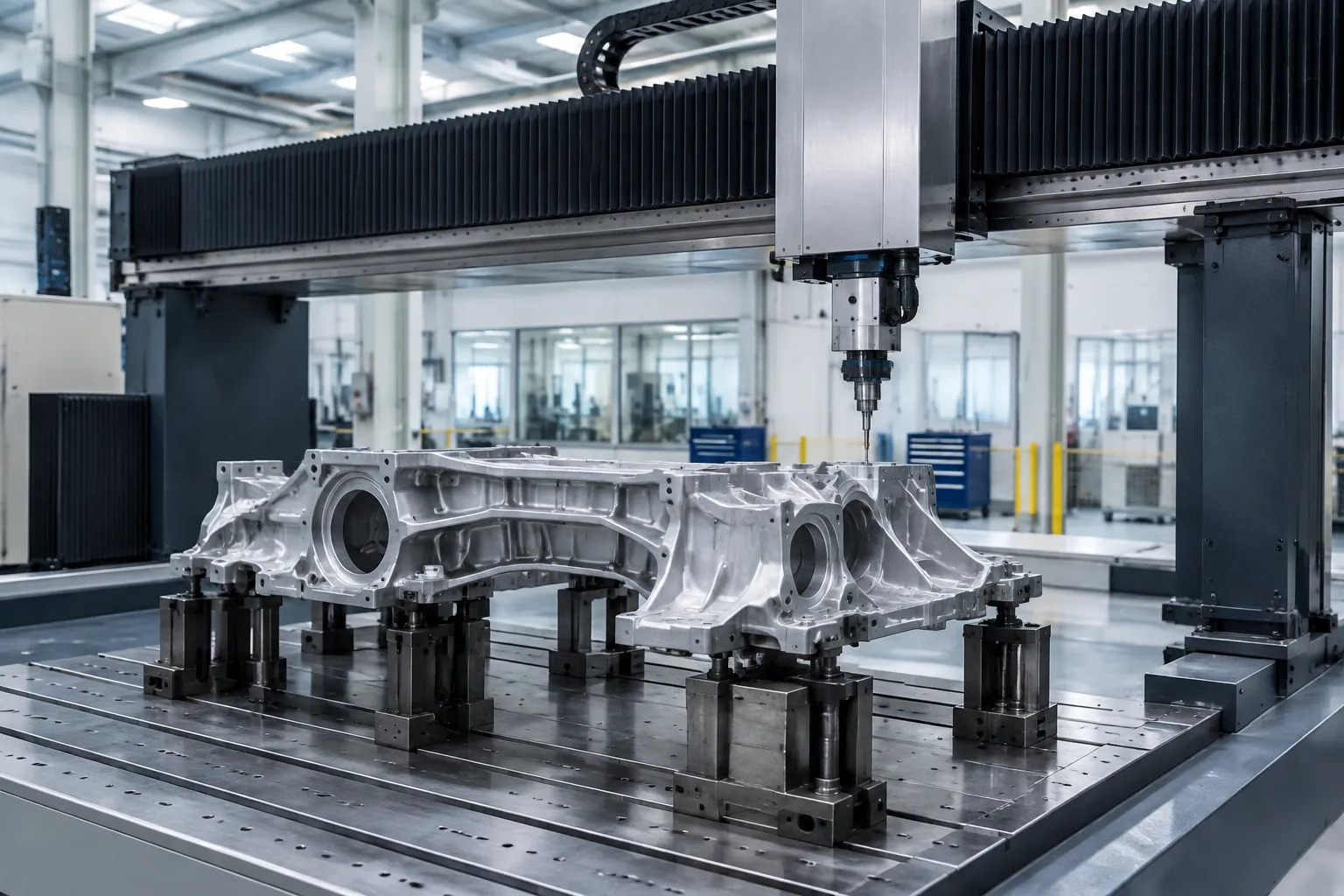 Large thin-wall cast structural part measured on datum supports in a 3D inspection setup