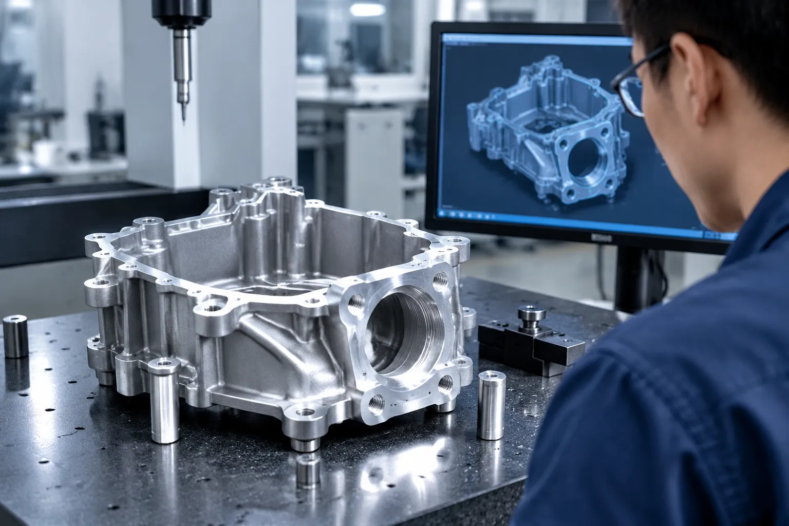 Traveling gantry correction head approaching a large structural casting on a wide bed