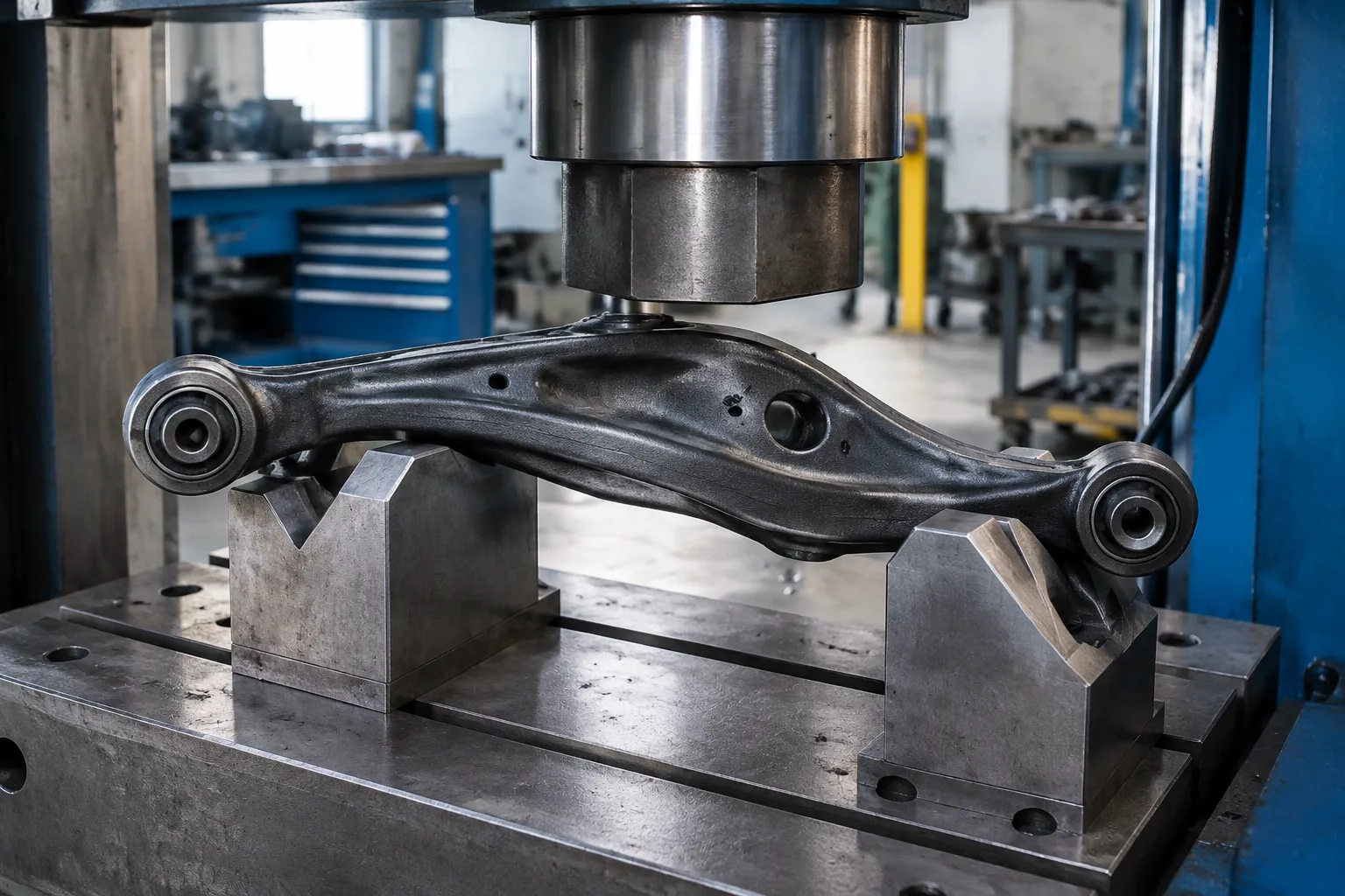 A suspension control arm set up for correction on V-block fixtures.