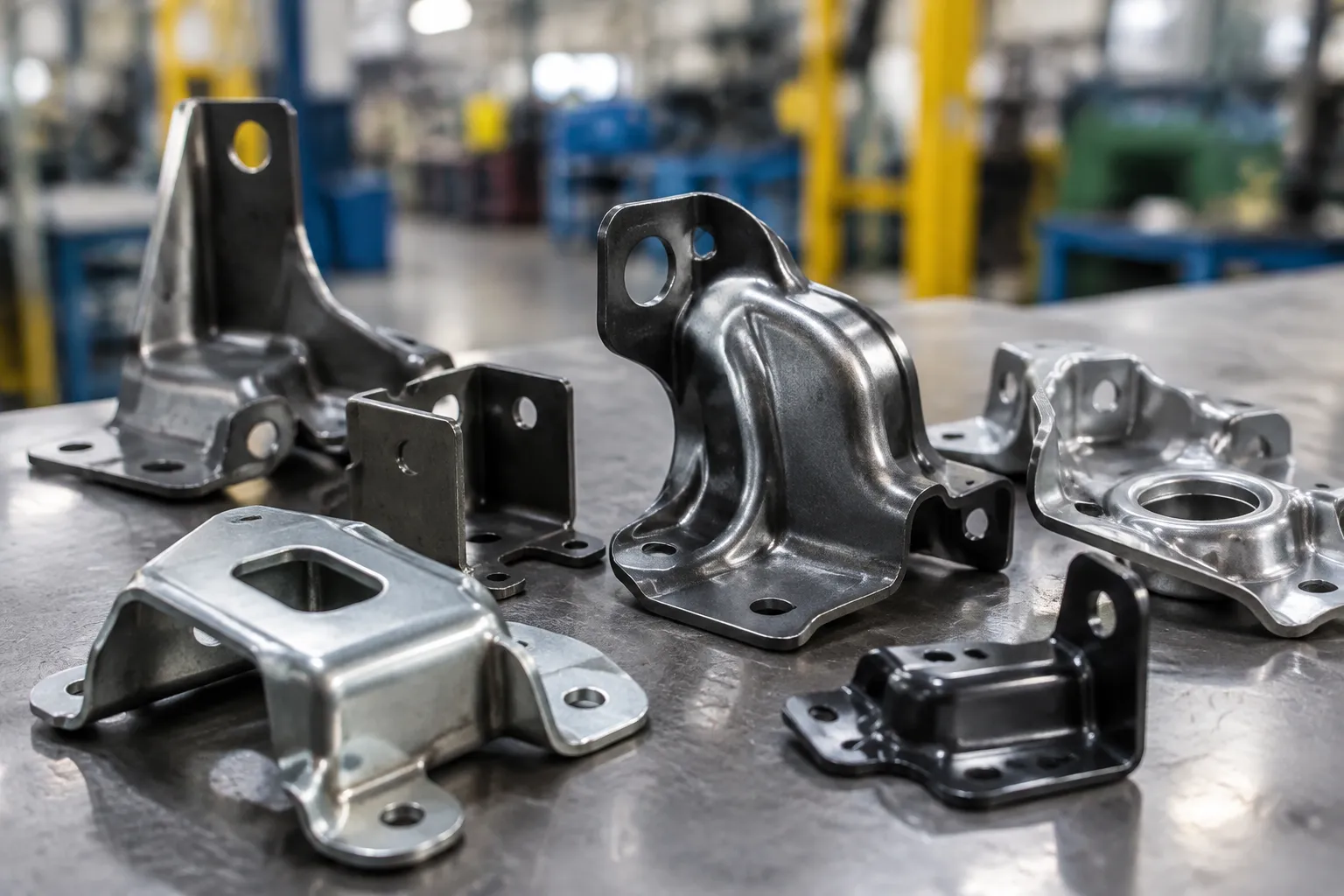 Stamped steel chassis brackets on a straightening line pallet.