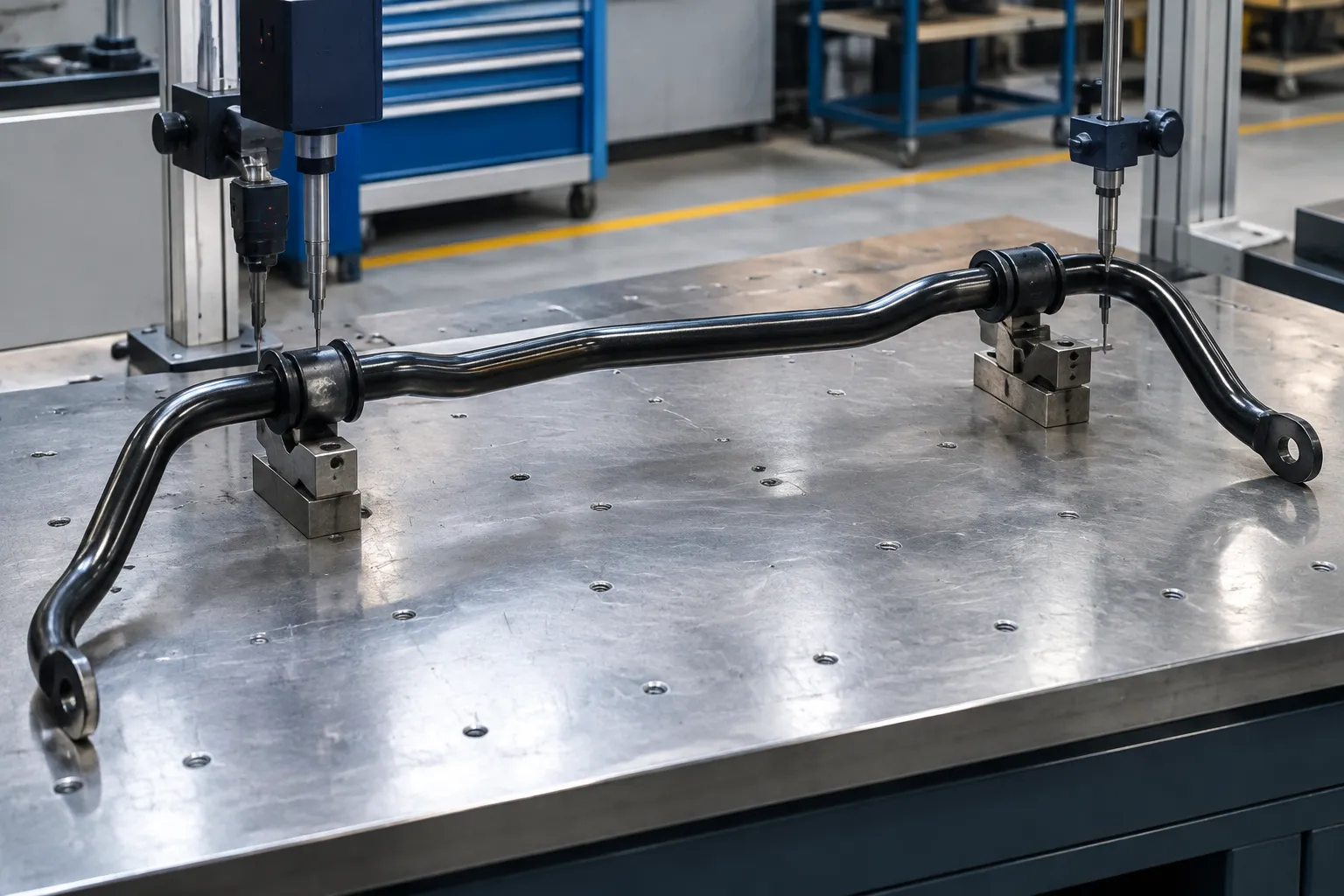 A stabilizer bar checked on V-blocks before angular correction.