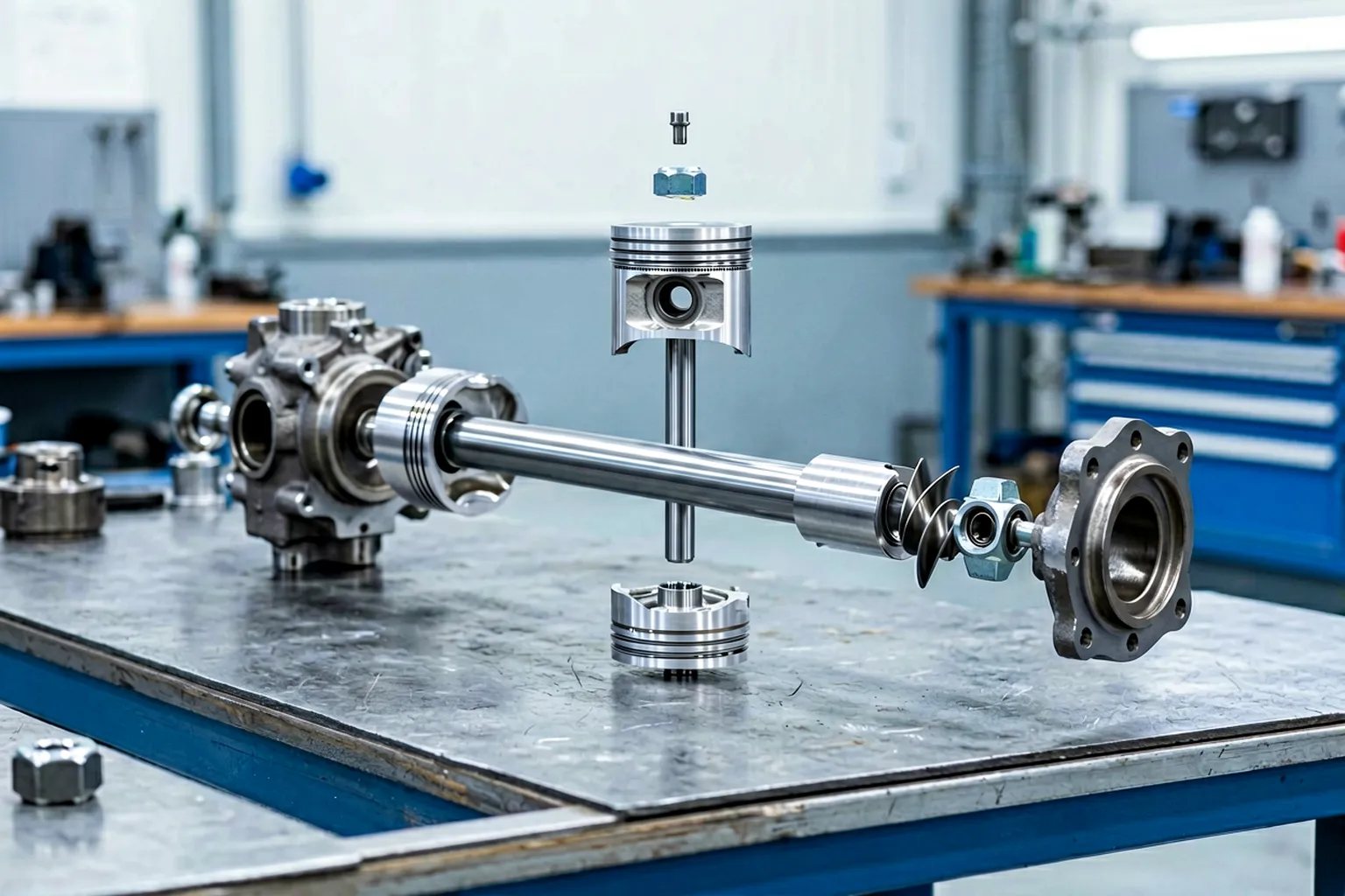 Exploded layout of reciprocating compressor parts: piston, rod, crosshead nut and flange on a repair bench