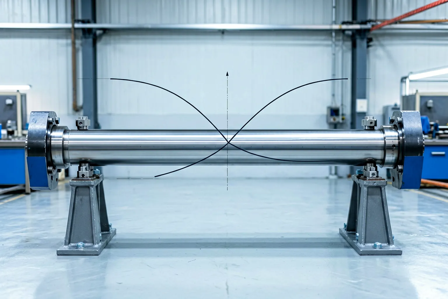 Support-span schematic for straightening a long stiff rod with press ram at mid-span