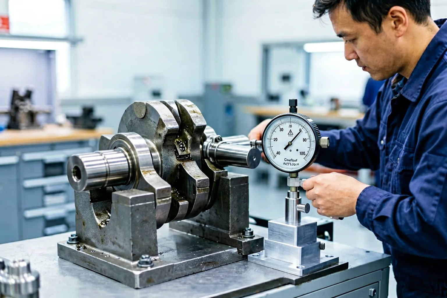 Crankshaft main journal and crankpin measurement with a dial gauge on a height stand