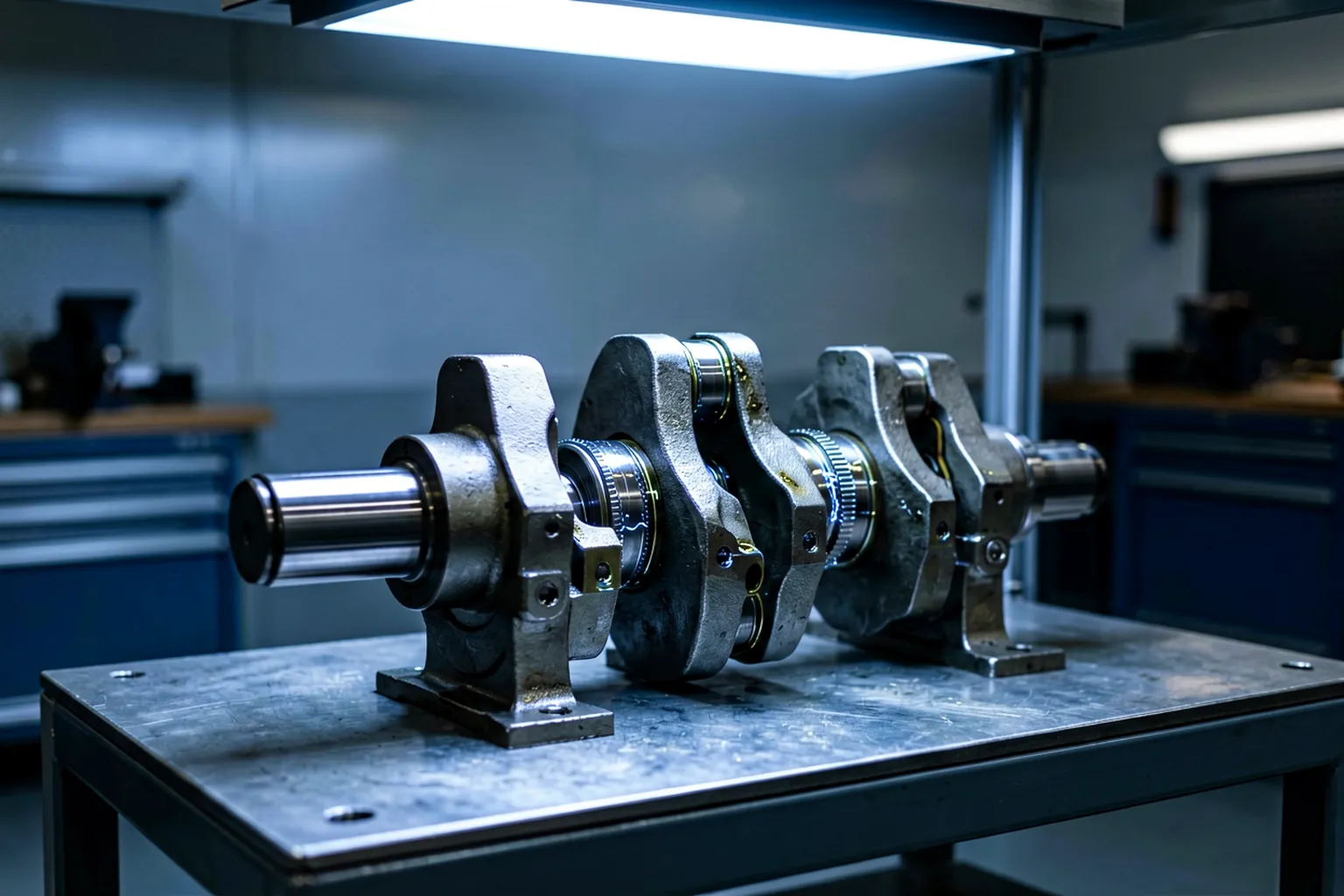Crankshaft under magnetic particle inspection in a darkened booth