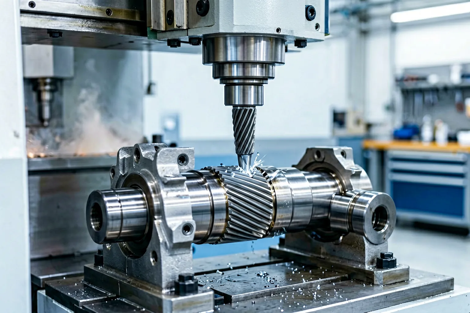 CNC press ram applying a controlled correction stroke to a splined automotive shaft on conforming supports