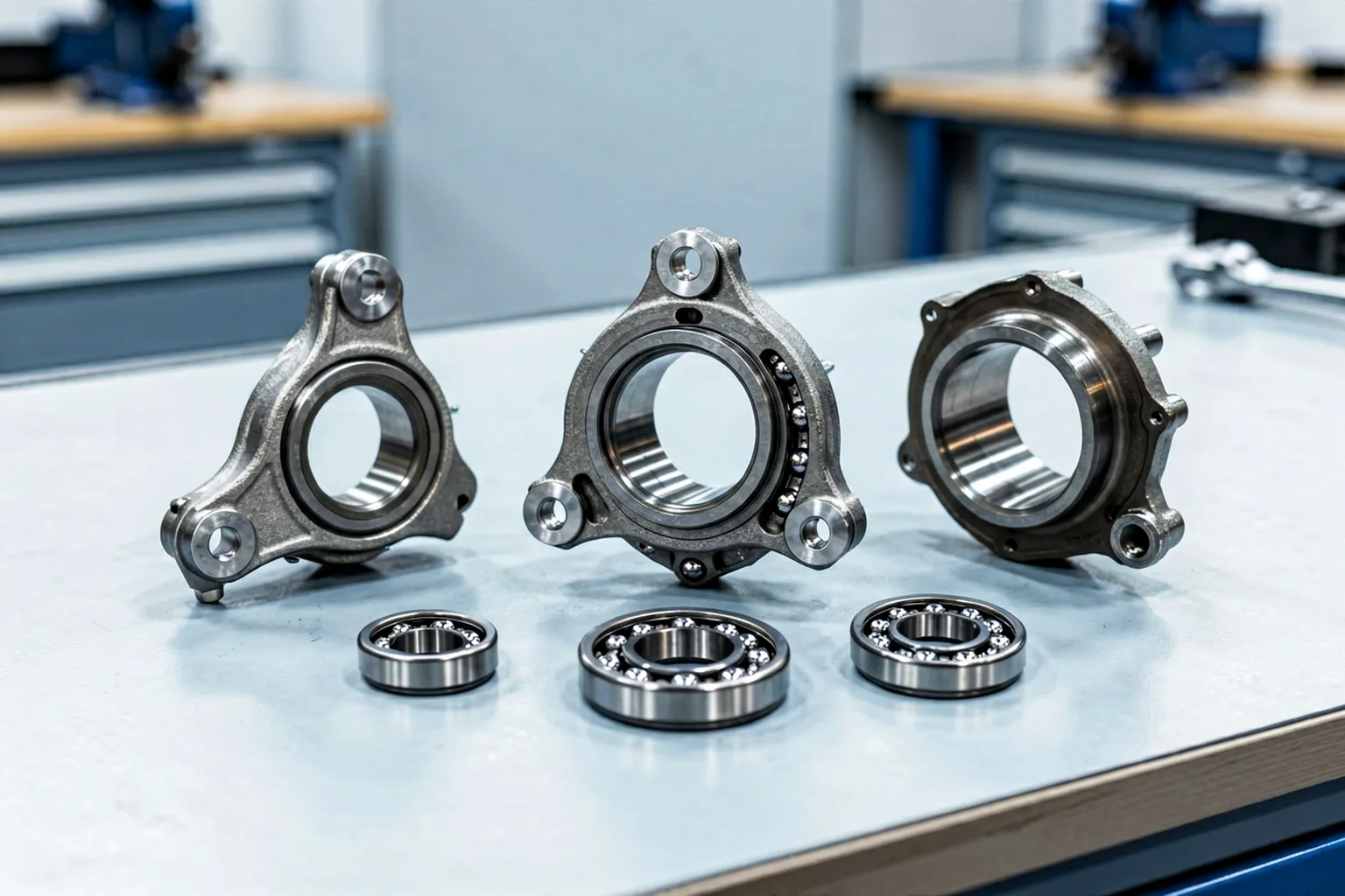 Disassembled CV joint components with tripod, housing and balls on a workbench