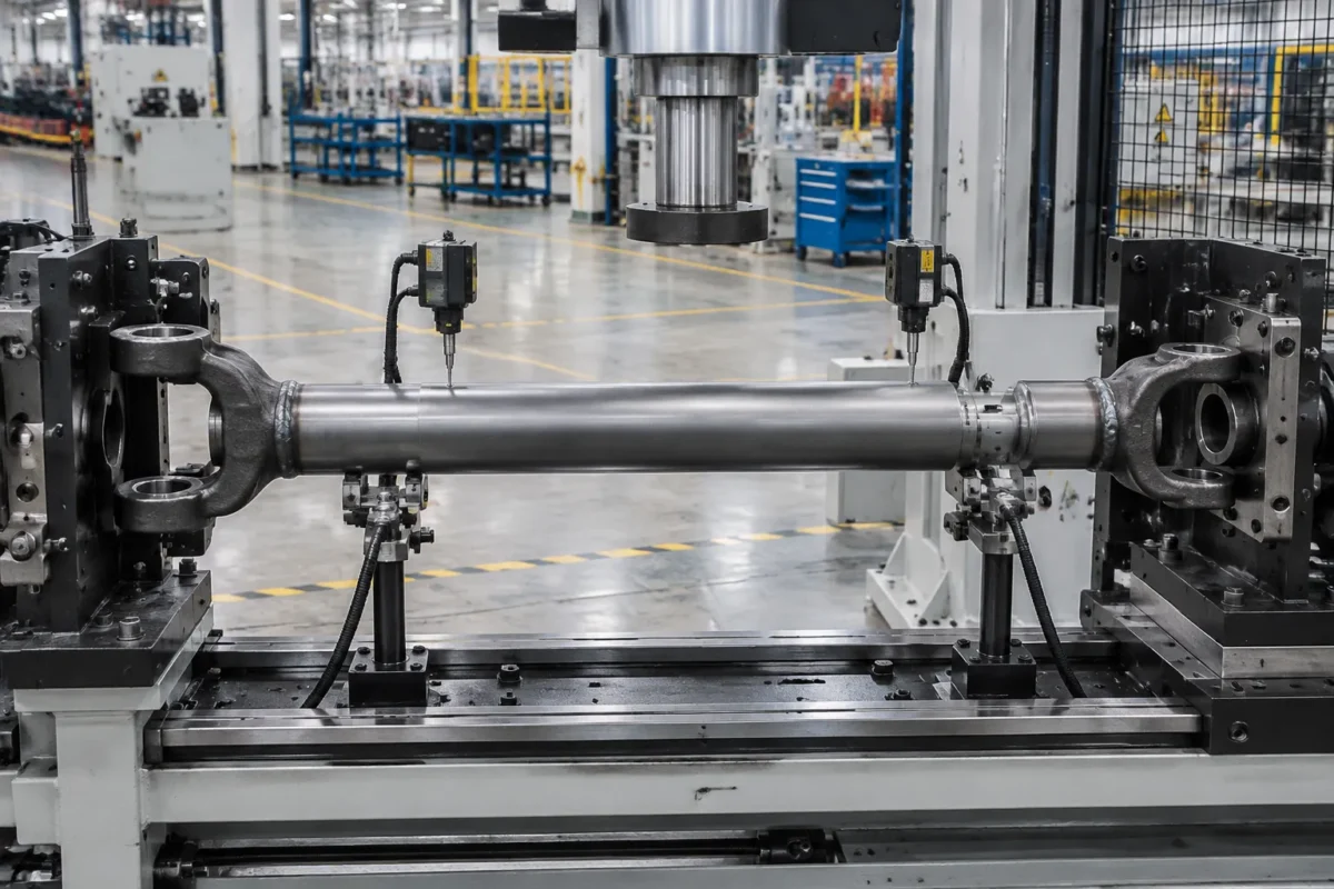 Drive shaft straightening station for a welded tubular propeller shaft