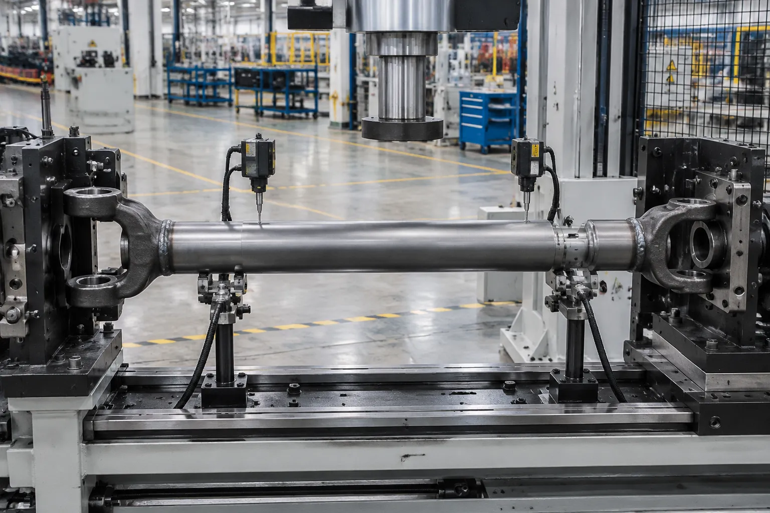 Drive shaft straightening station for a welded tubular propeller shaft