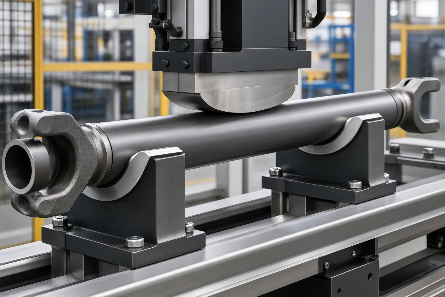 Broad conforming saddle supports protecting a tubular drive shaft during pressing