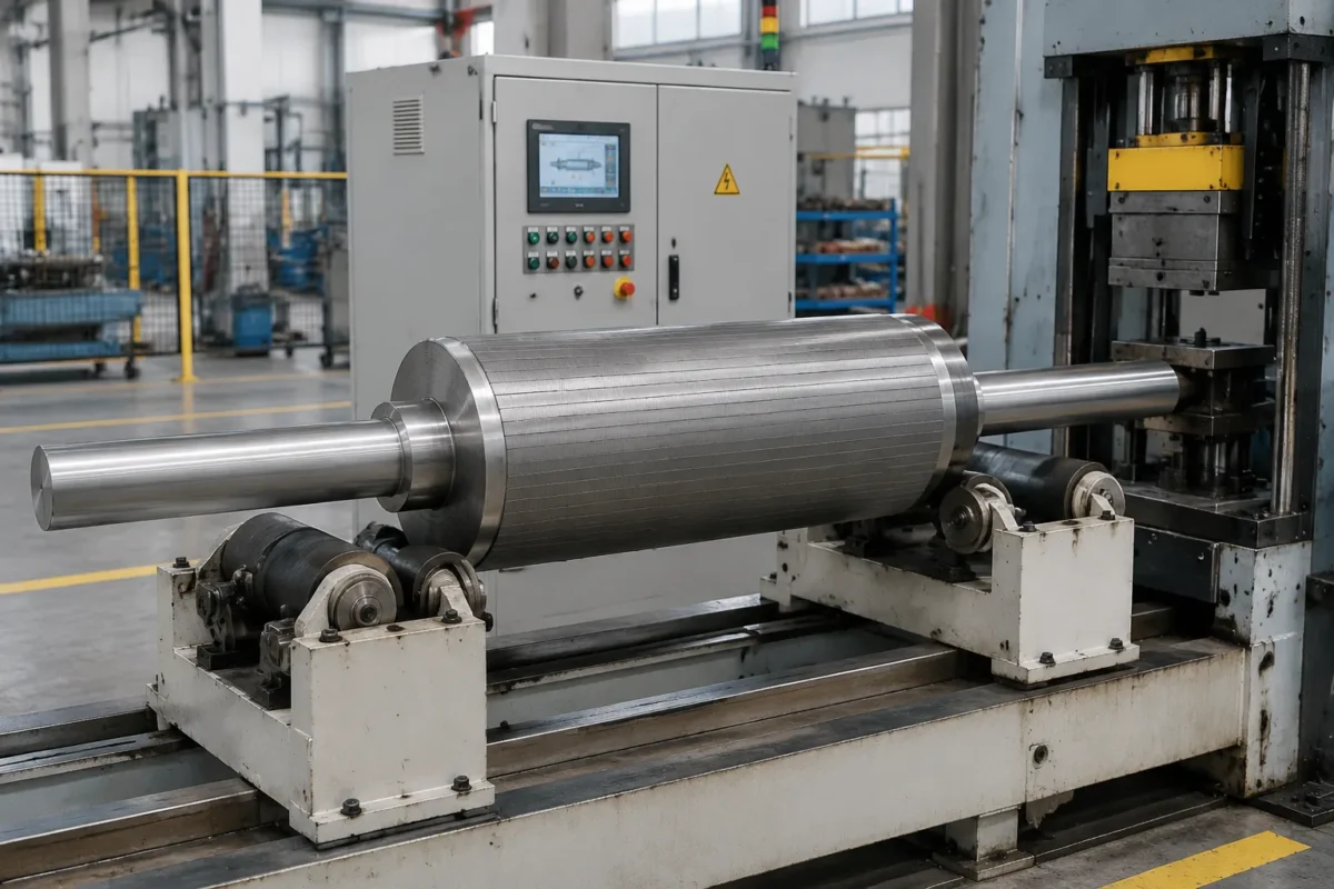 Electric motor rotor straightening cell with assembled rotor on journal rollers