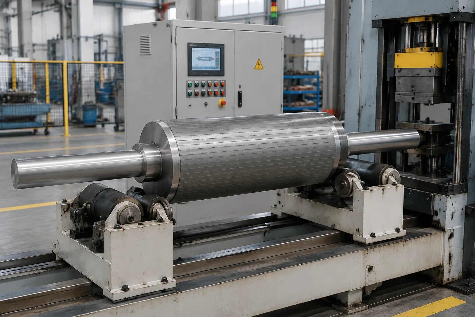 Electric motor rotor straightening cell with assembled rotor on journal rollers