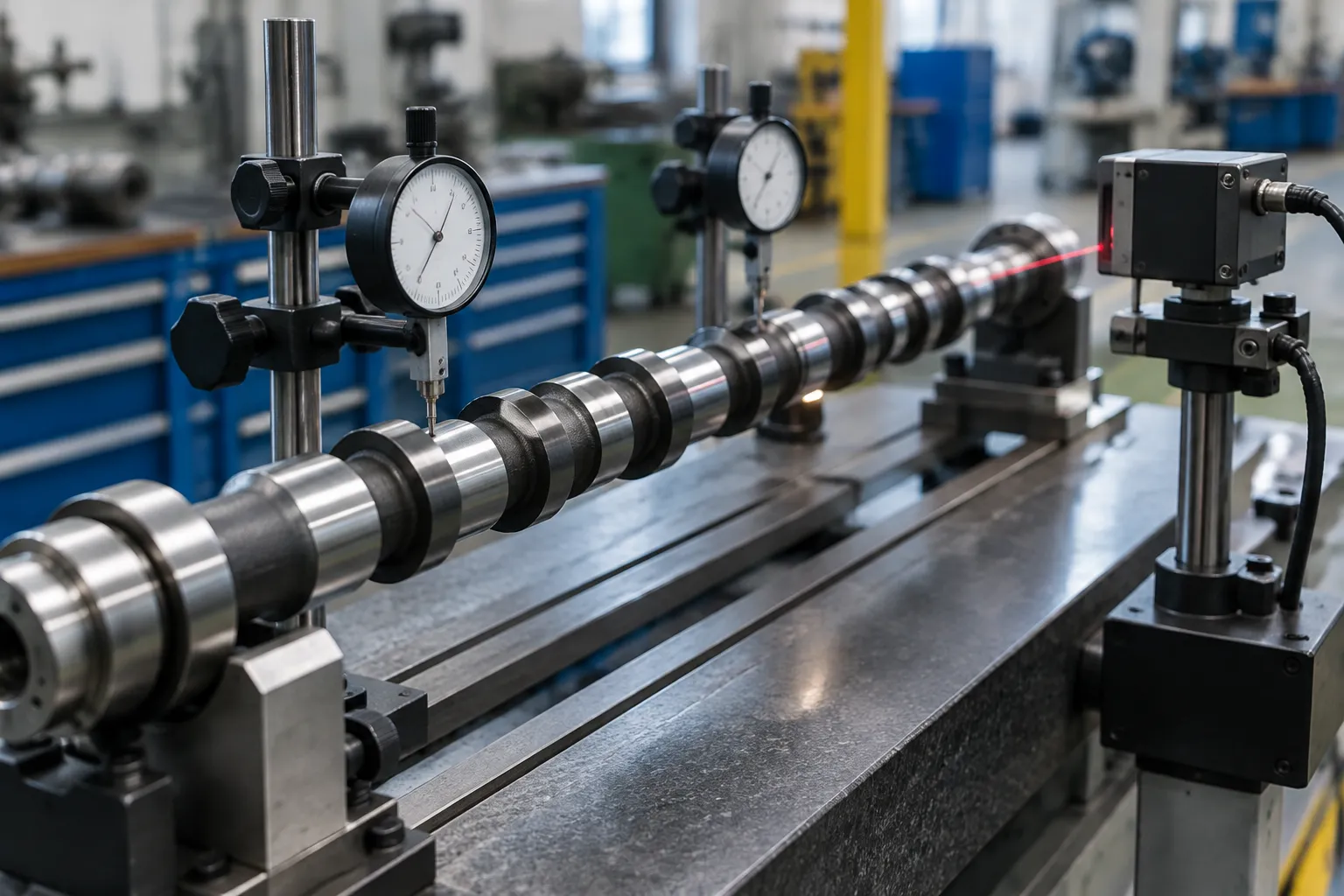 Camshaft inspected with dial indicators and a laser sensor before straightening.