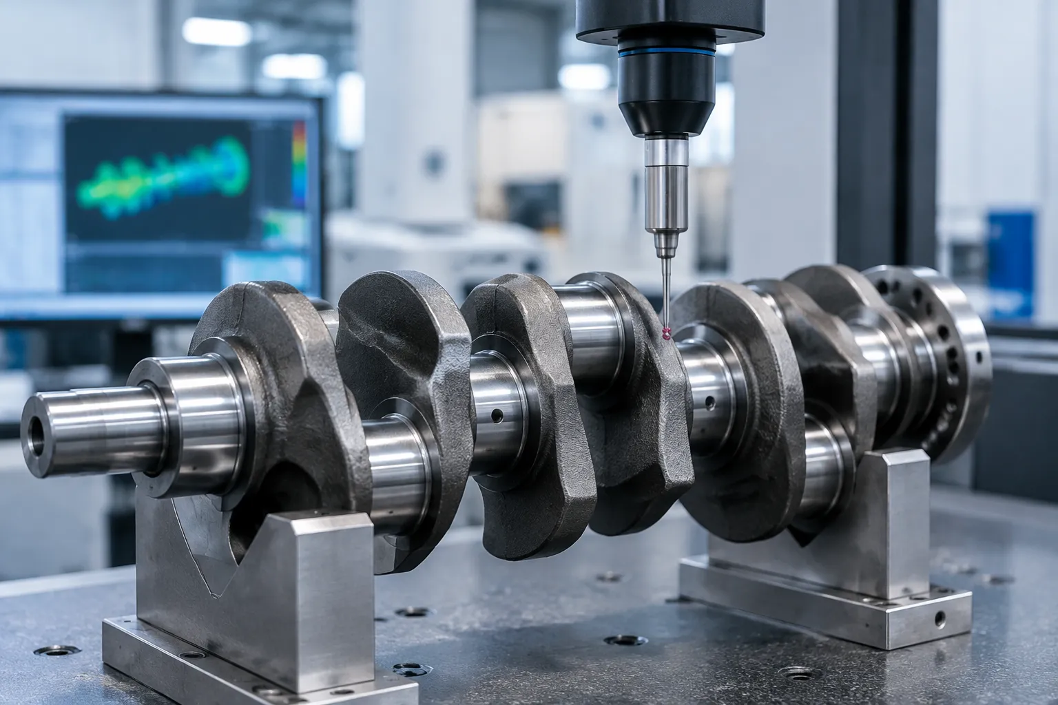 Crankshaft bend measurement on V-block supports before correction.