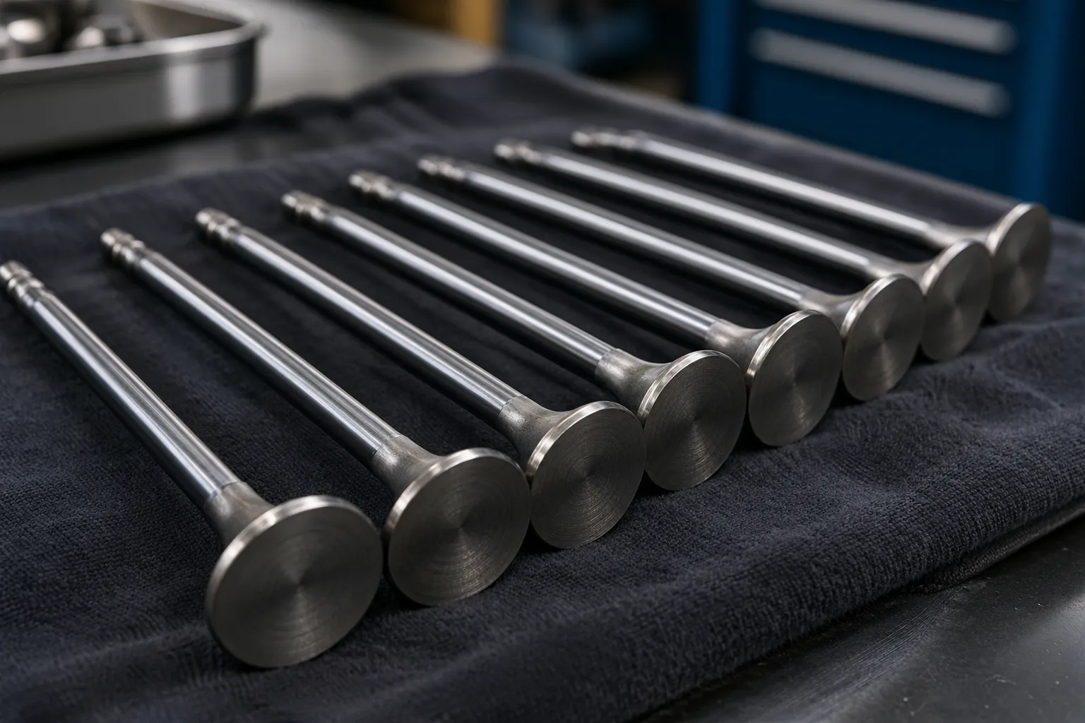 A matched set of engine valves after precision stem straightening.