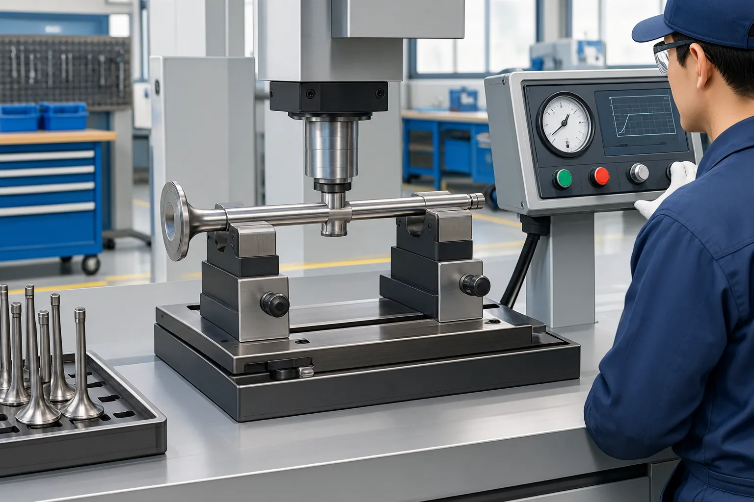 Protected-contact engine valve stem straightening fixture