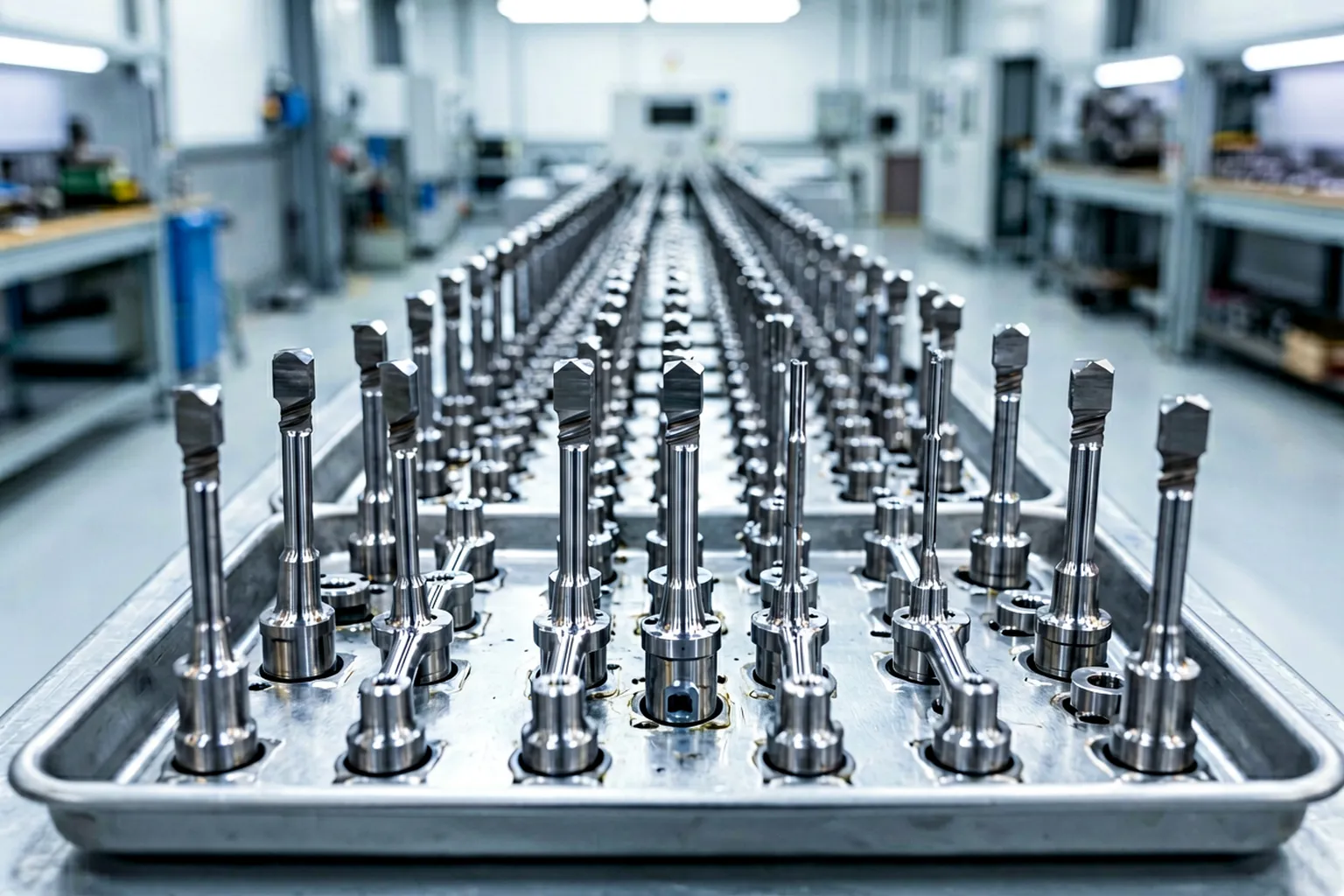 Rows of finished engine valves held in trays in a valvetrain production area