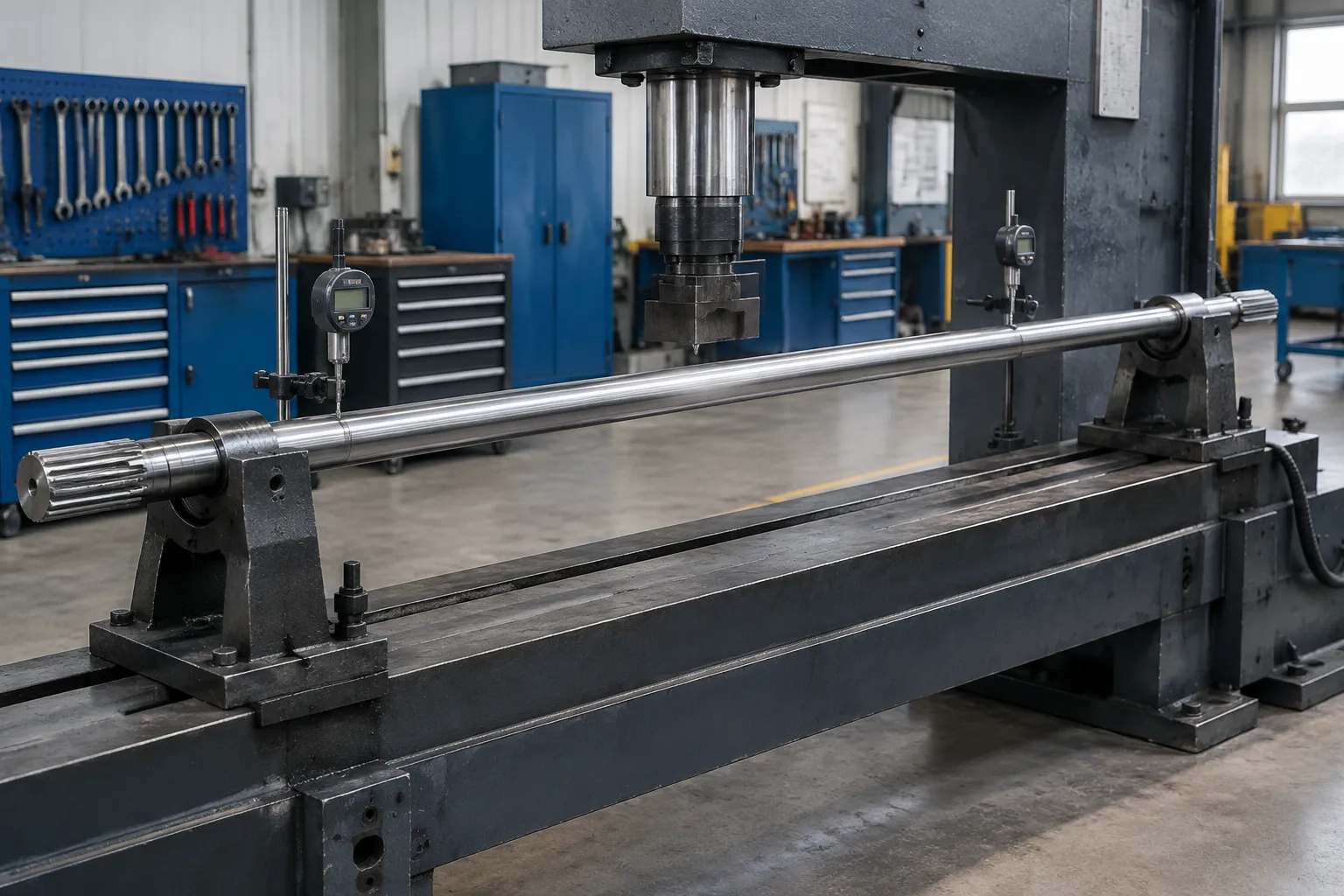 Slender ESP pump shaft section with splined ends in a straightening press with runout sensors
