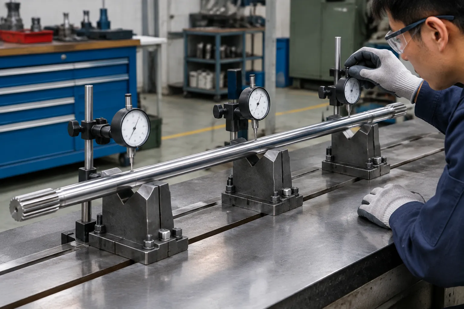 Nickel-alloy ESP shaft rotating on paired V-block supports with multiple runout sensors