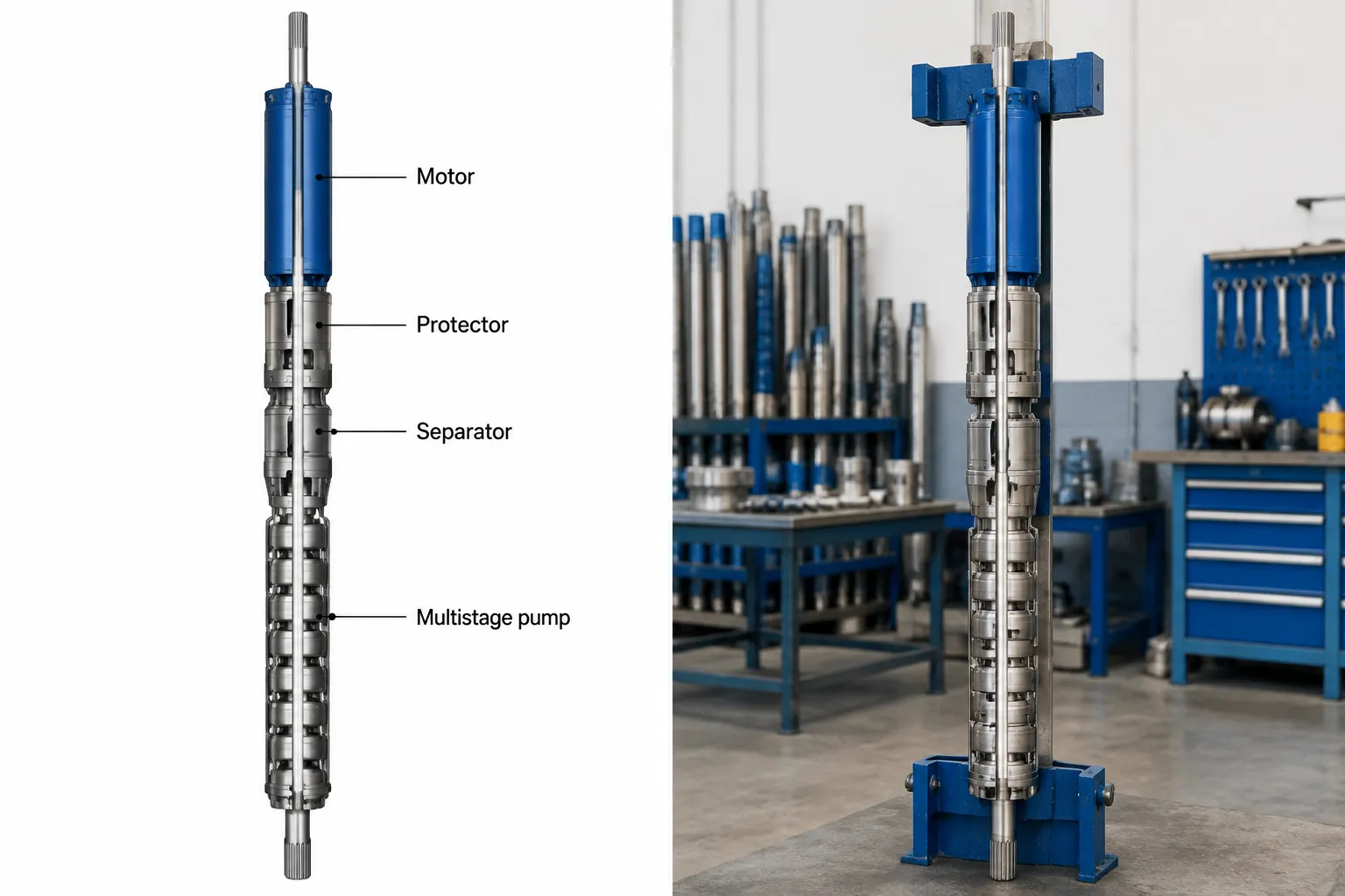 ESP assembly stack schematic with one slender shaft line through motor, protector and pump