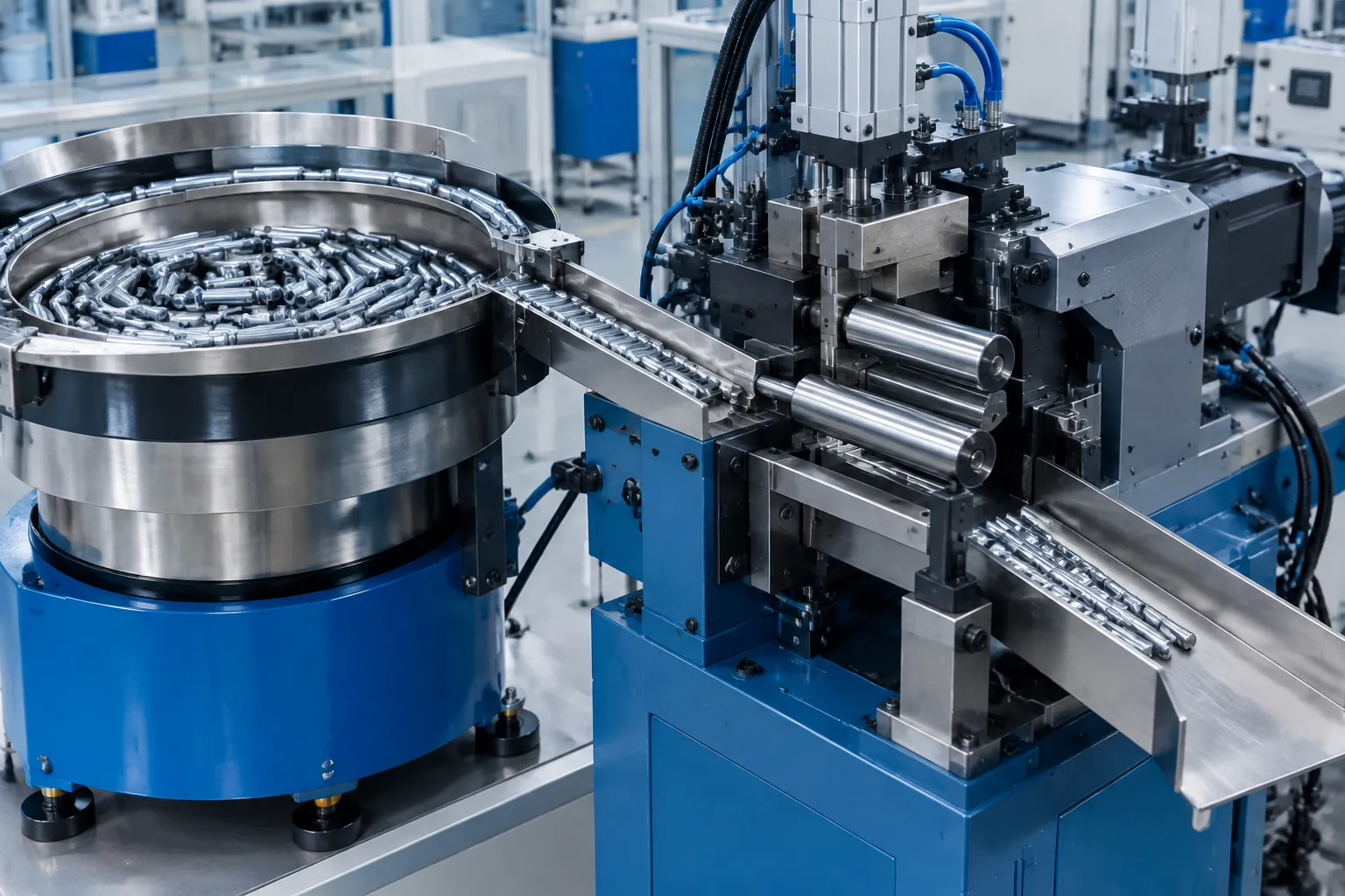 Automatic bolt straightening machine with vibration feeder